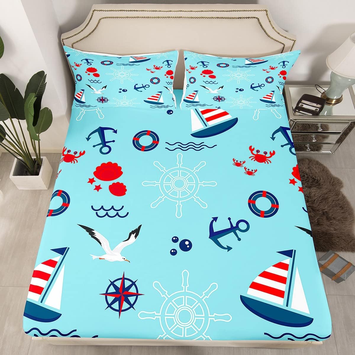 Homewish Anchor Fitted Sheet Twin,Sailboat Nautical Bedding Set 2pcs for Kids Teens Boys Girls Room Decor,Crab Seagull Bed Cover Ocean Blue Bed