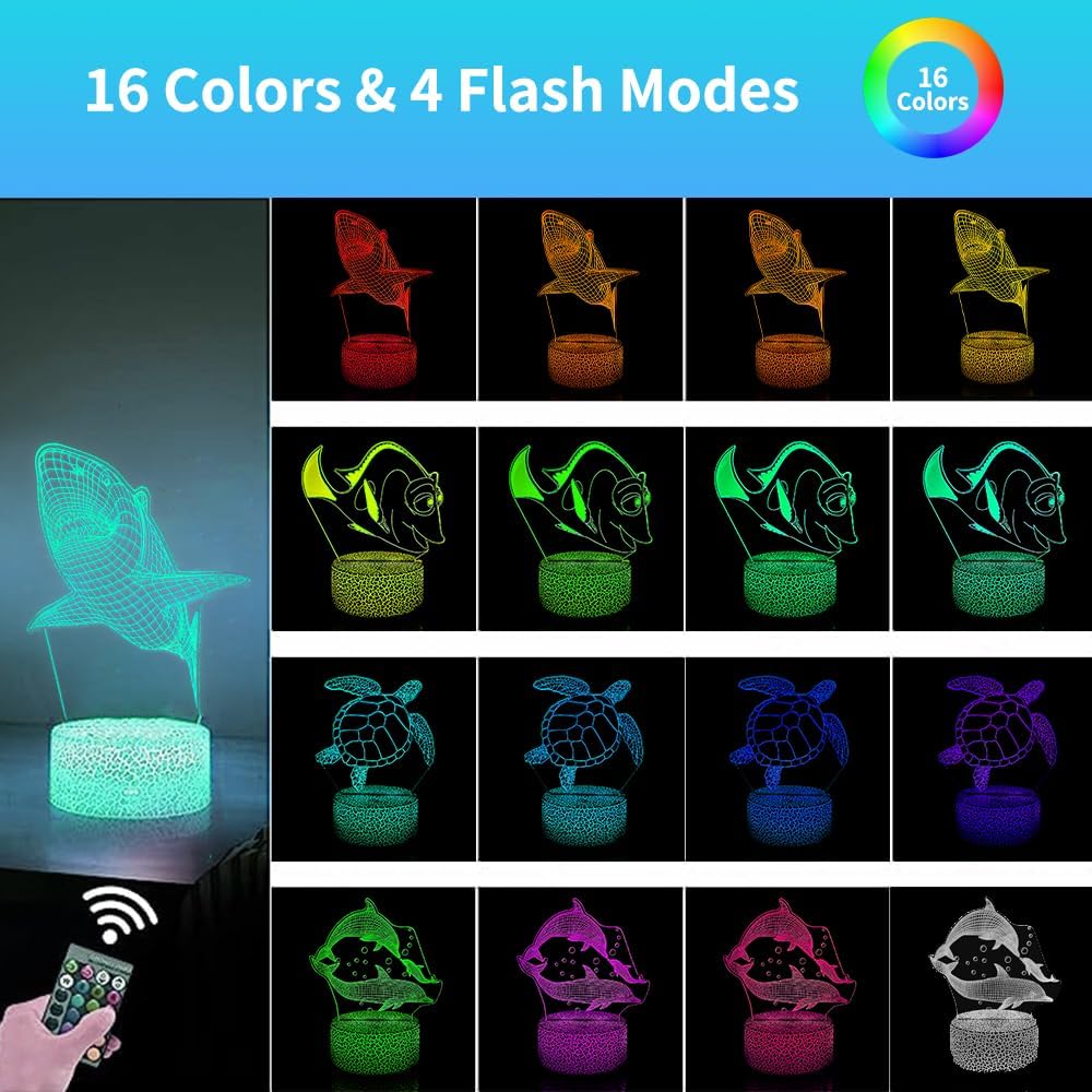 Luz nocturna 3D con diseño de animales oceánicos para niños (4 patrones), lámpara de ilusión con control remoto, 16 colores cambiantes, decoración