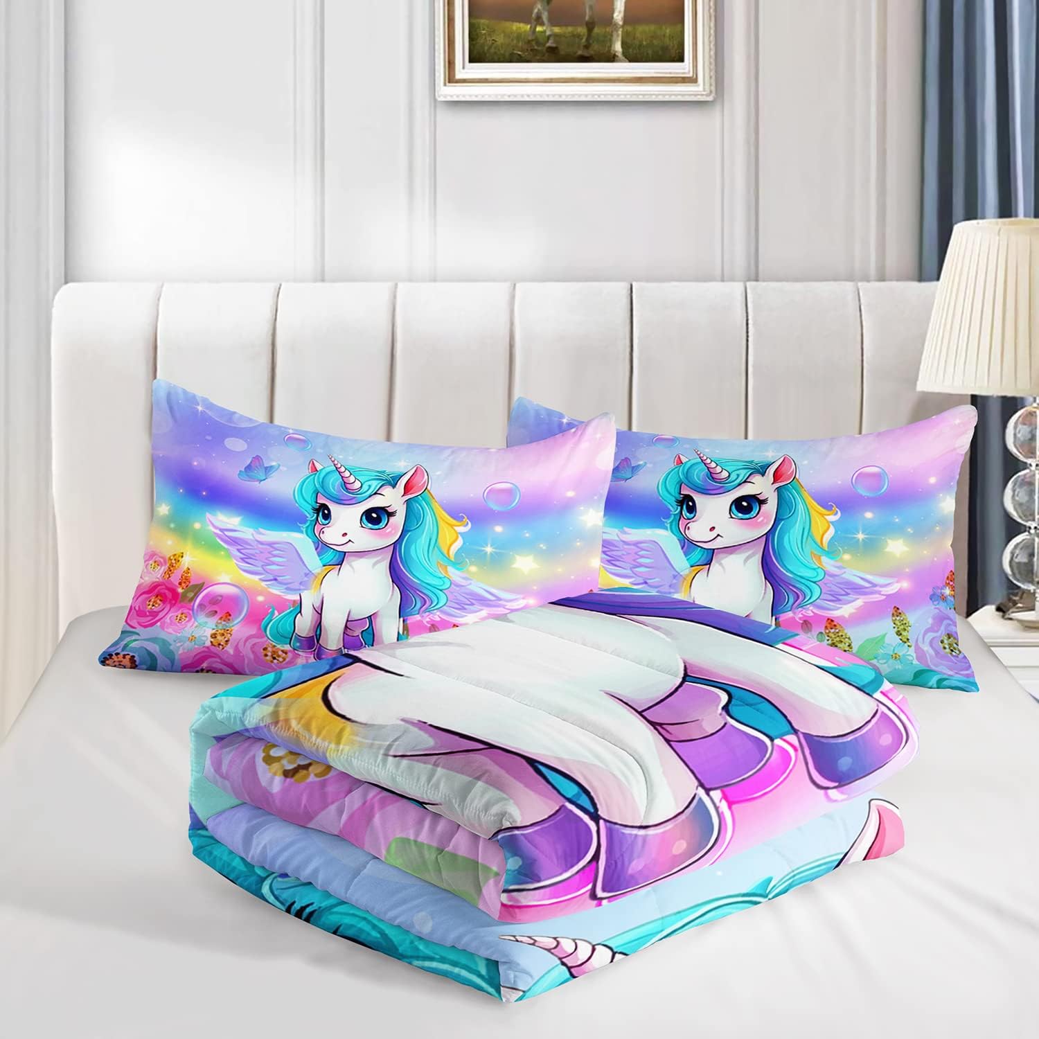 Juego de edredón de unicornio para niños, tamaño individual, matrimonialqueen, 3 piezas, diseño de mariposa, arco iris, flor, estrella, juego de