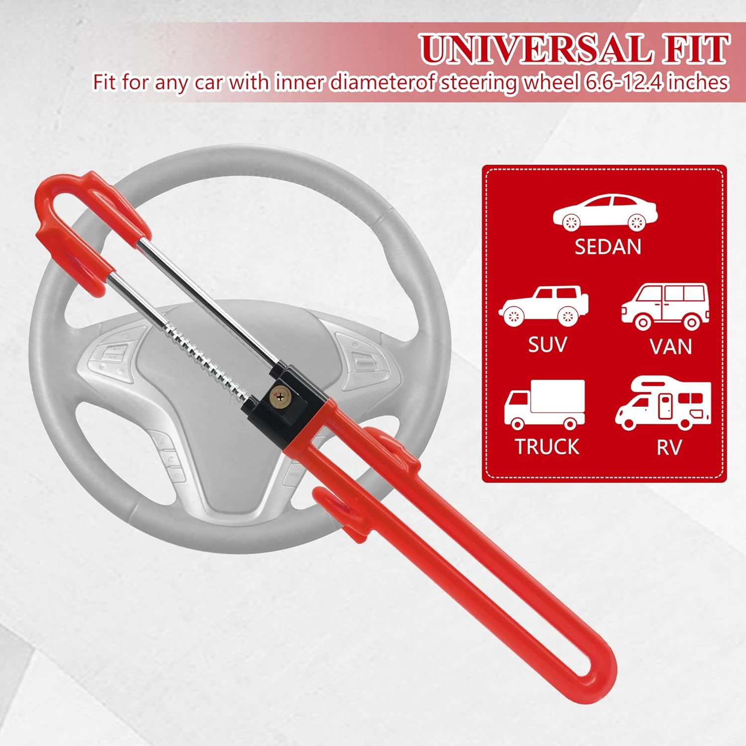 Cerradura antirrobo para volante, longitud ajustable, doble gancho, ajuste universal para coches, furgonetas, caravanas, SUV, camiones, rojo
