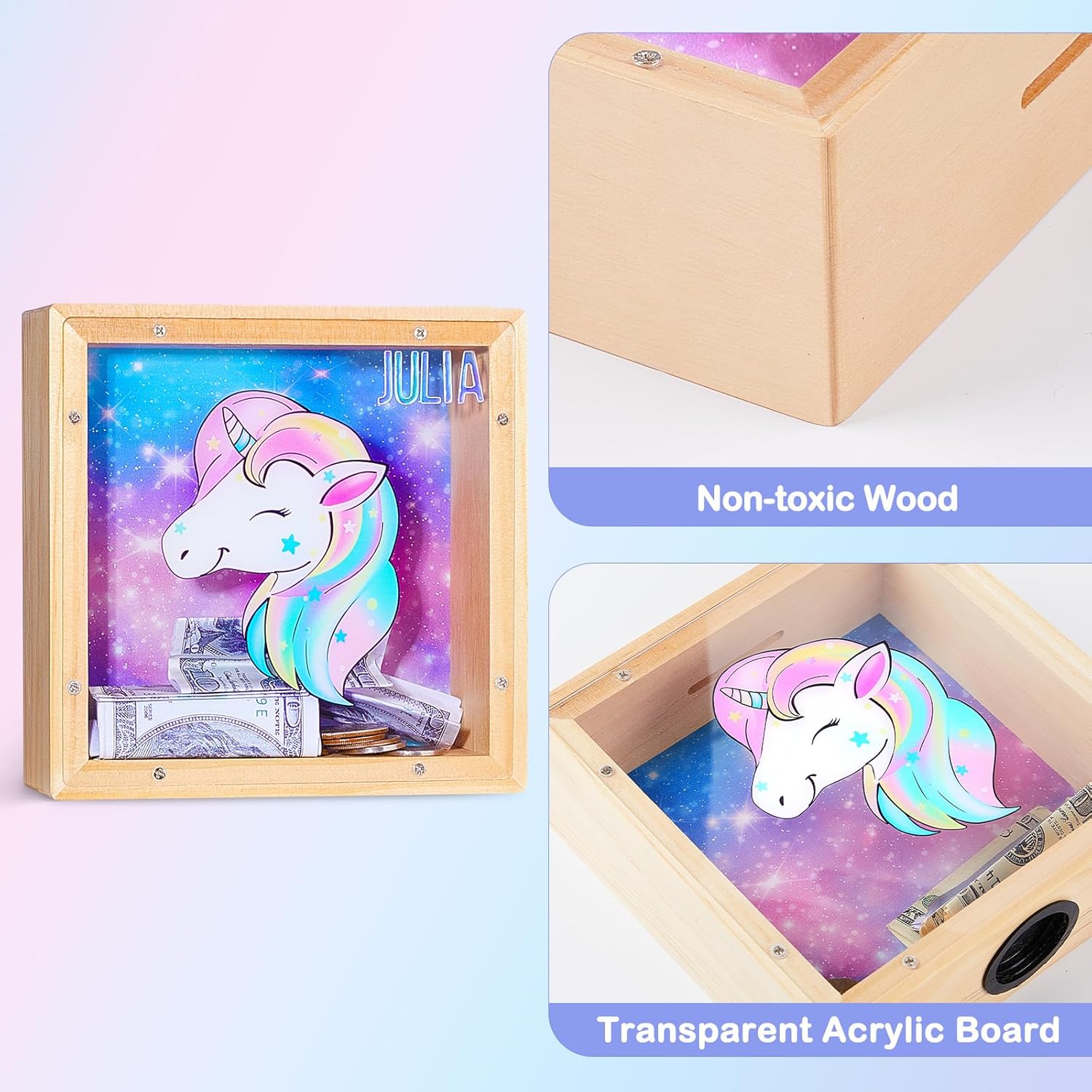 Hedgeink – Hucha para niñas, alcancía de unicornio para dinero, con calcomanías del alfabeto (fucsia azul)