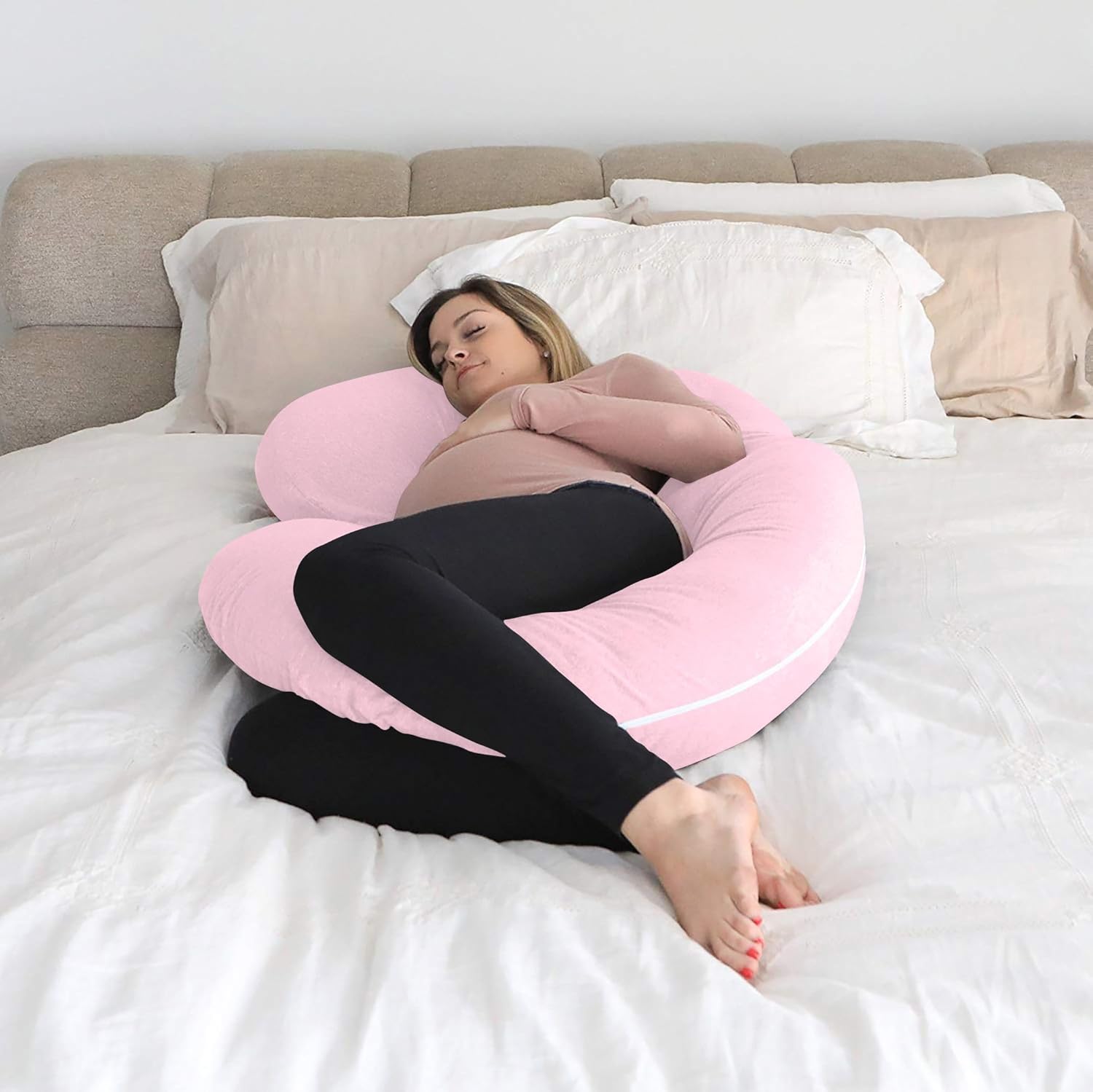 Almohadas de embarazo de 60 pulgadas, almohada de cuerpo completo en forma de C, funda de algodón egipcio, rosa claro, almohadas de embarazo para
