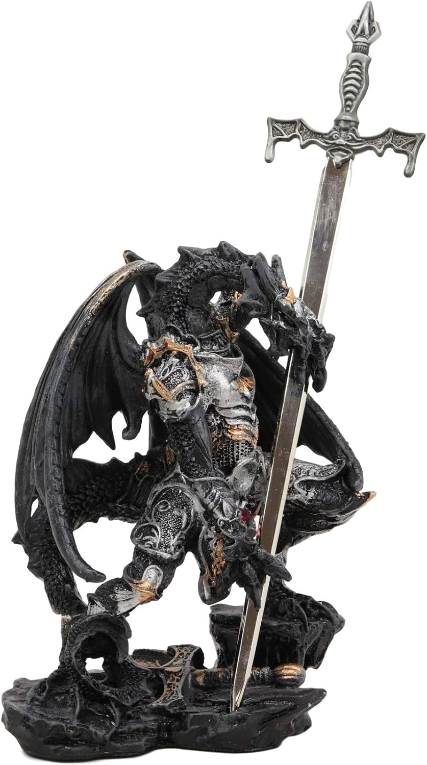 Ebros Gift Dragón fantasma elemental de piedra sintética con armadura de batalla y espada larga abrecartas estatua para el hogar y la oficina, mesa