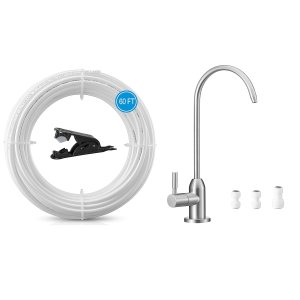 Grifo de agua de ósmosis inversaRO + tubo de agua O.D.RO de 60 pies y 14 pulgadas, grifo de agua potable sin plomo con manguera de plástico flexible Grifo de agua de ósmosis inversaRO + tubo de agua O.D.RO de 60 pies y 14 pulgadas, grifo de agua potable sin plomo con manguera de plástico flexible