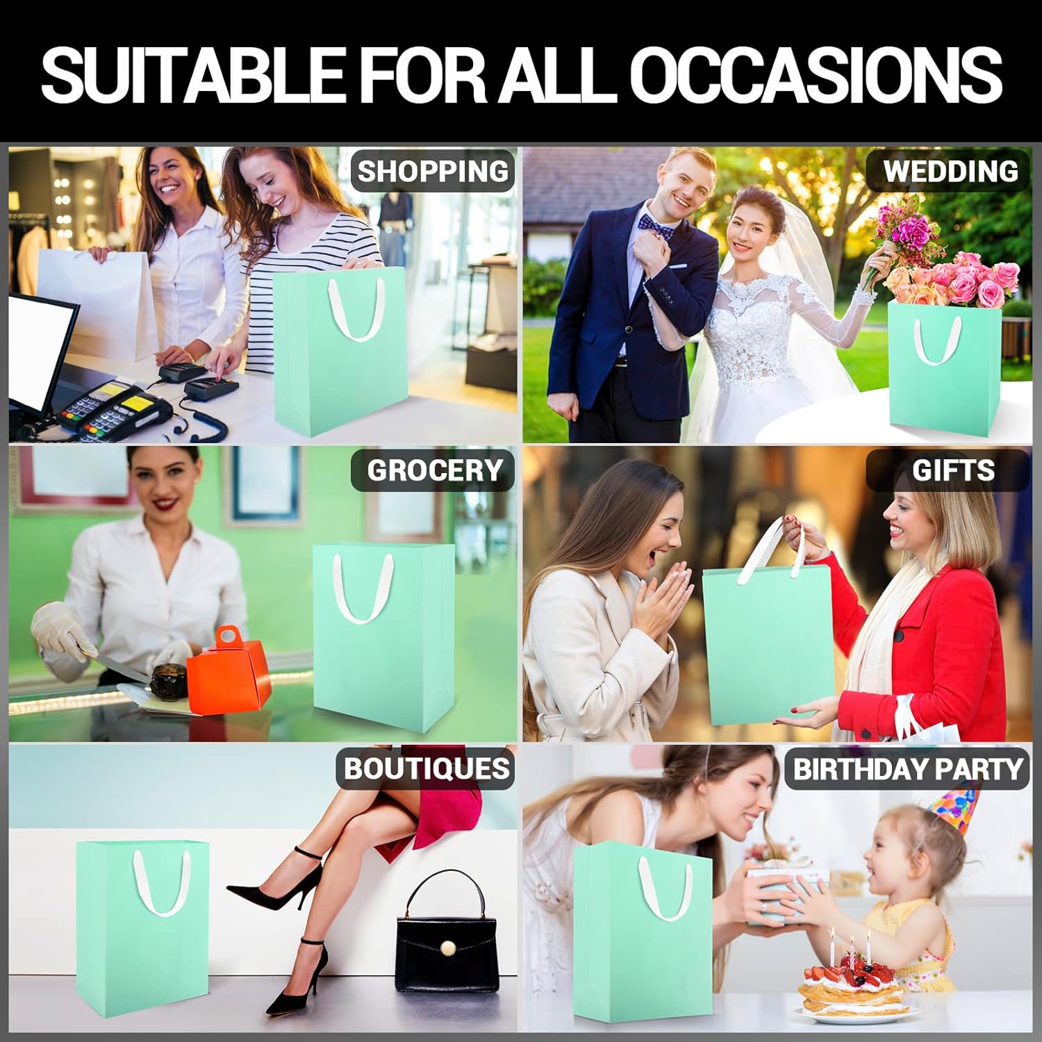 EUSOAR Bolsas grandes azules para envolver regalo, paquete de 50 bolsas de compras de 9.8 x 5.1 x 12.6 pulgadas con asas a granel, bolsas de