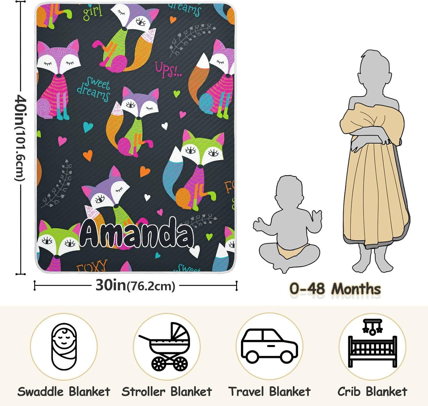 J JOYSAY Manta de bebé personalizada de zorros para niños y niñas, manta personalizada de recepción para cuna, niños y recién nacidos