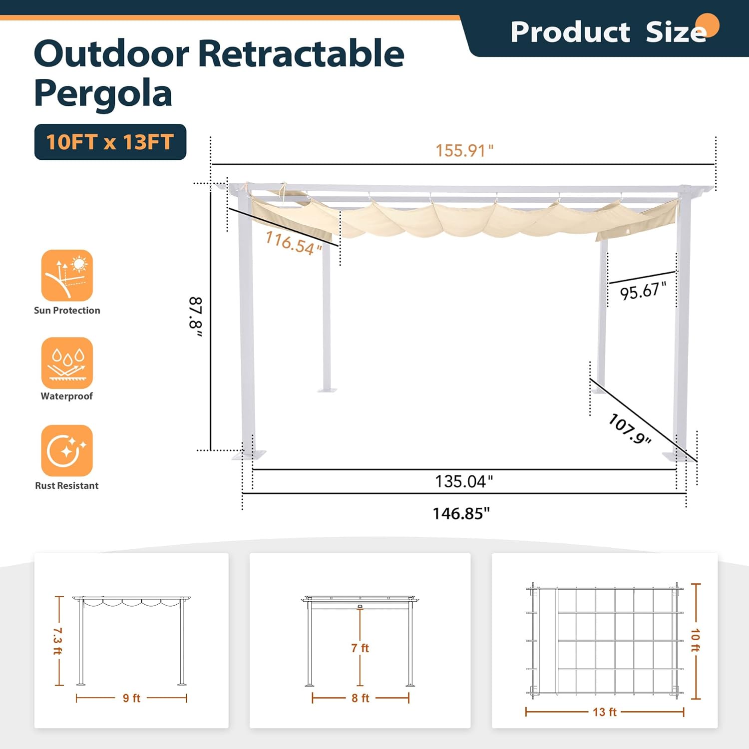 HAPPATIO Toldo retráctil para pérgola para exteriores de 10 x 13 pies con marco blanco para patios traseros, jardines, pérgola de patio con toldo