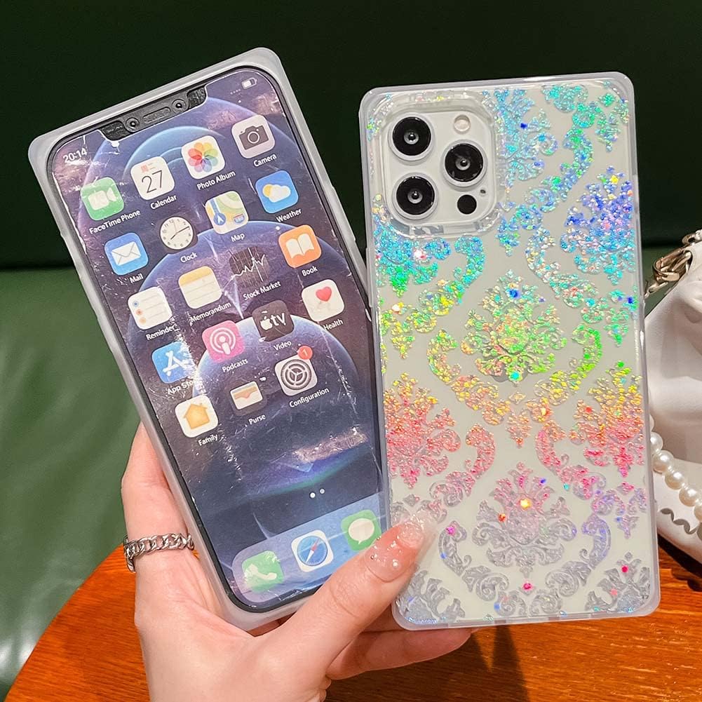 KERZZIL Funda transparente de lujo con borde cuadrado compatible con iPhone 13 Pro, delgada, elegante, retro, flor suave, gel de silicona TPU a