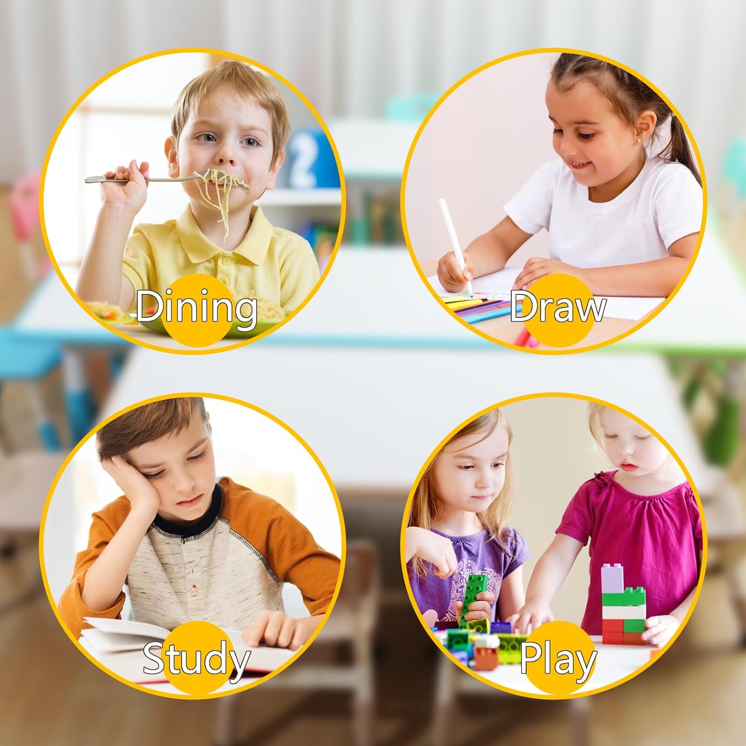 SEZERIYA Juego de mesa y silla para niños, mesa de estudio y mesa de comedor, escritorio para niños y niñas de 2 a 12 años, mesa de altura ajustable