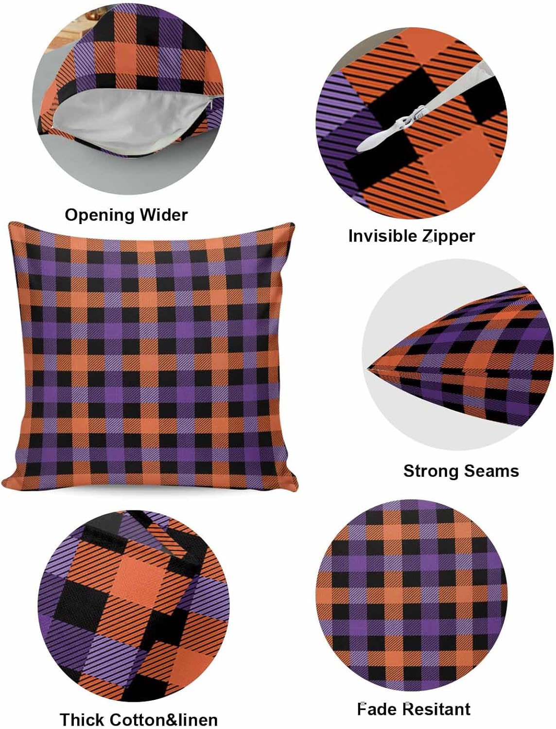 Paquete de 2 fundas de almohada decorativas de algodón, para Halloween, morado, naranja, negro, búfalo, a cuadros, de 20 x 20 pulgadas, cuadradas,