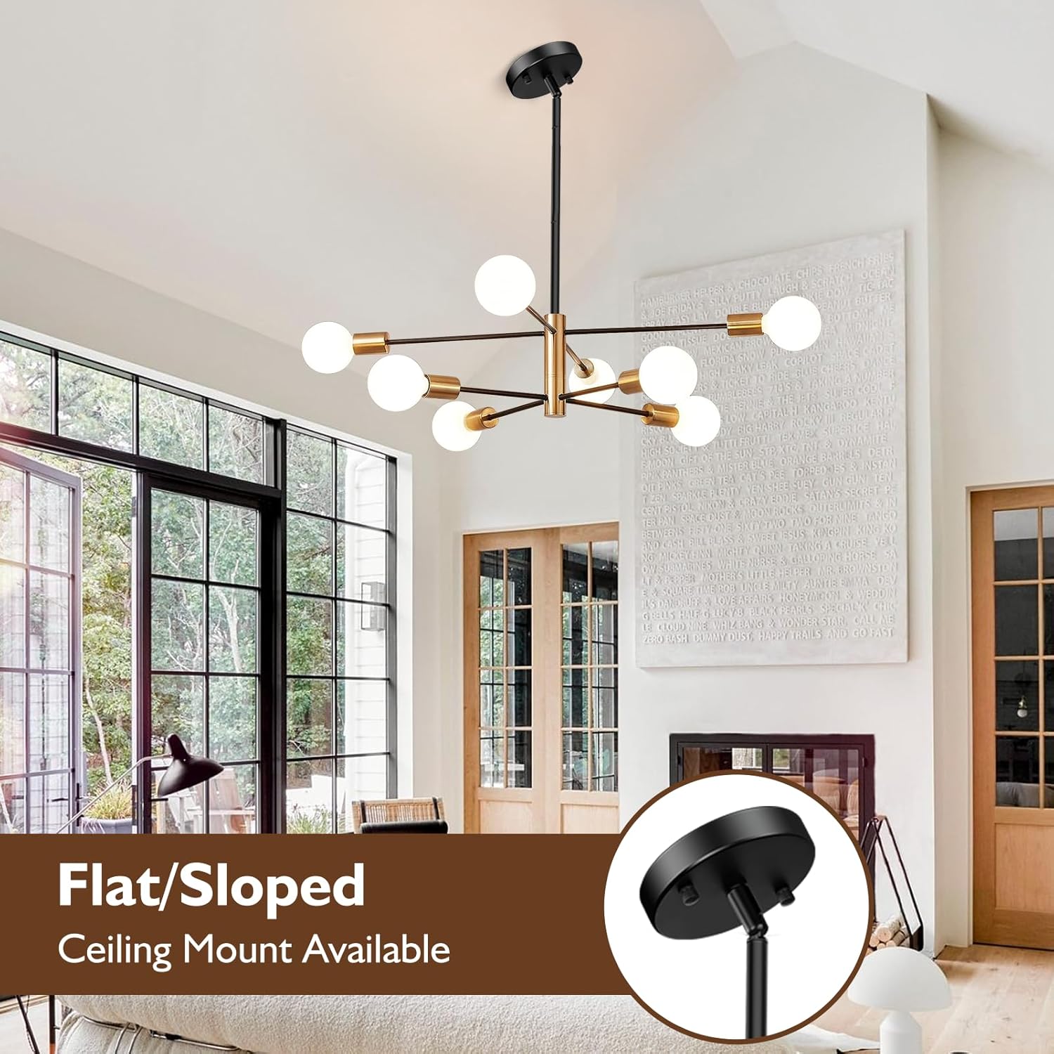 Candelabro Sputnik de 8 luces, lámparas colgantes negras y doradas, moderna lámpara de comedor de granja de latón de mediados de siglo, altura