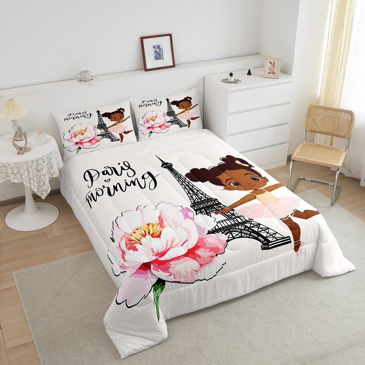 Juego de ropa de cama de la Torre Eiffel para niñas, elegante juego de edredón de París, lindo relleno de edredón negro de ballet para mujeres,