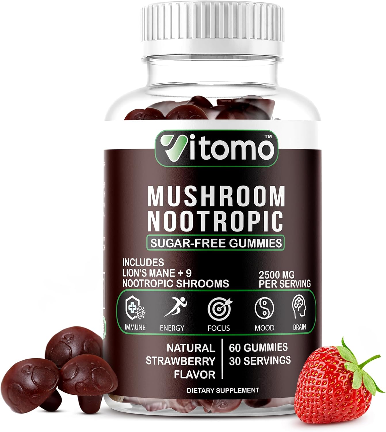 Vitomo – Gomitas de hongos – Gomitas de suplemento de hongos fresa sin azúcar – Mezcla de complejo de 10 hongos – Melena de león, Cordyceps, Reishi,