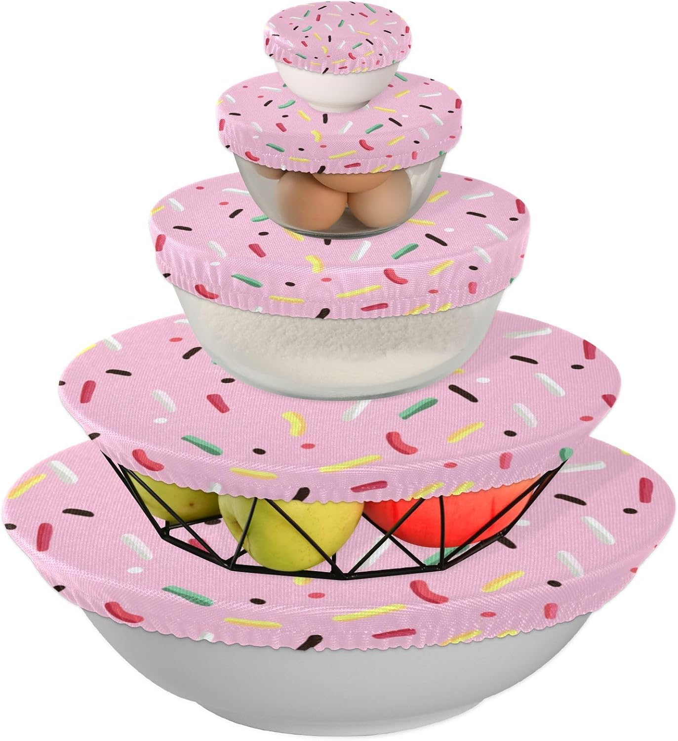 Pink Candy 5PCS Reusable Elastic Bowl Covers for Food Storage Stretch Cloth Fabric Lids with 5 Different Sizes Heat Resistant Food Lids for Fruits