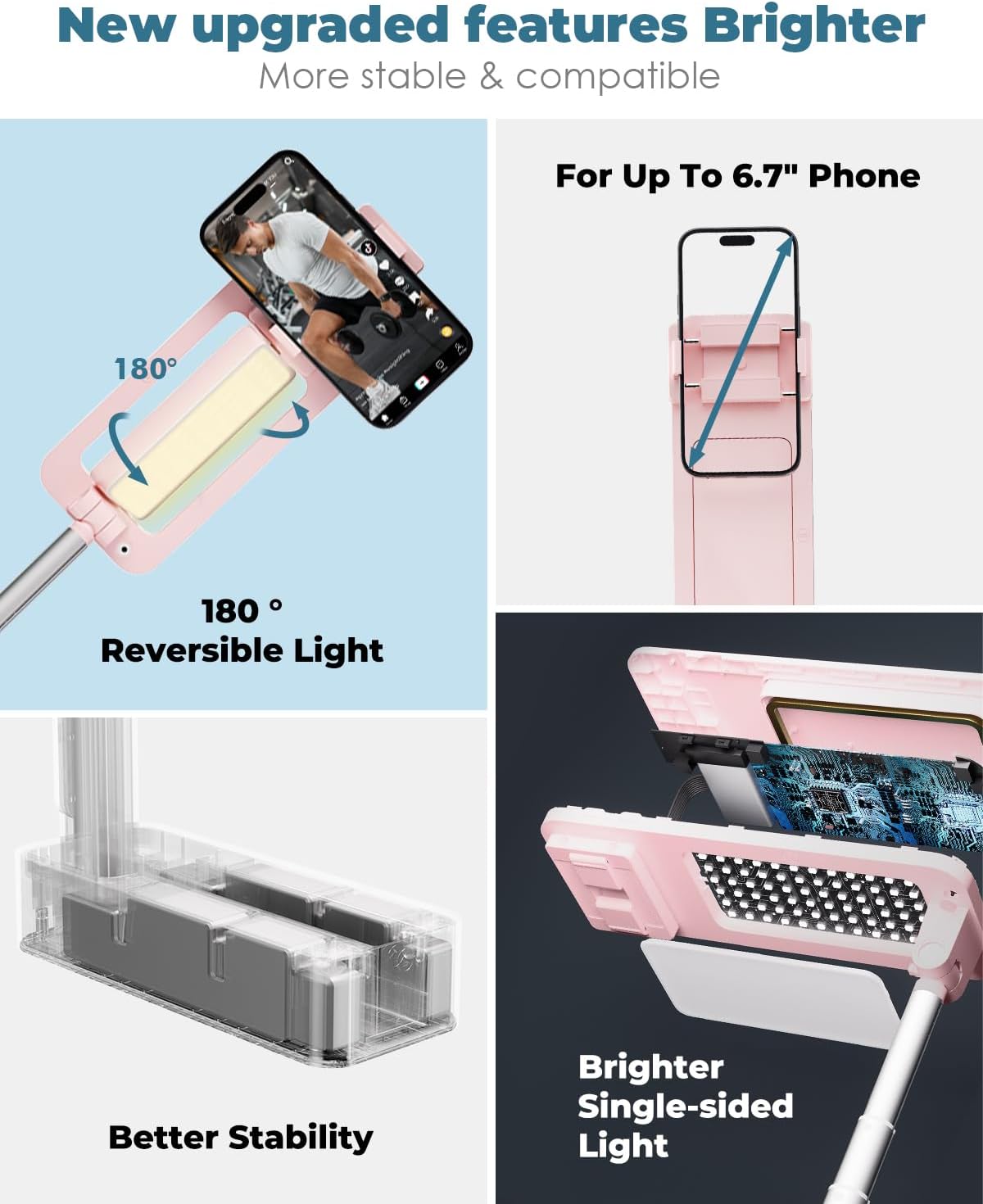 Viozon Soporte extensible para teléfono selfie, montaje superior, luz para selfie, rotación de 360, recargable, inalámbrico, plegable, 5 brillos y