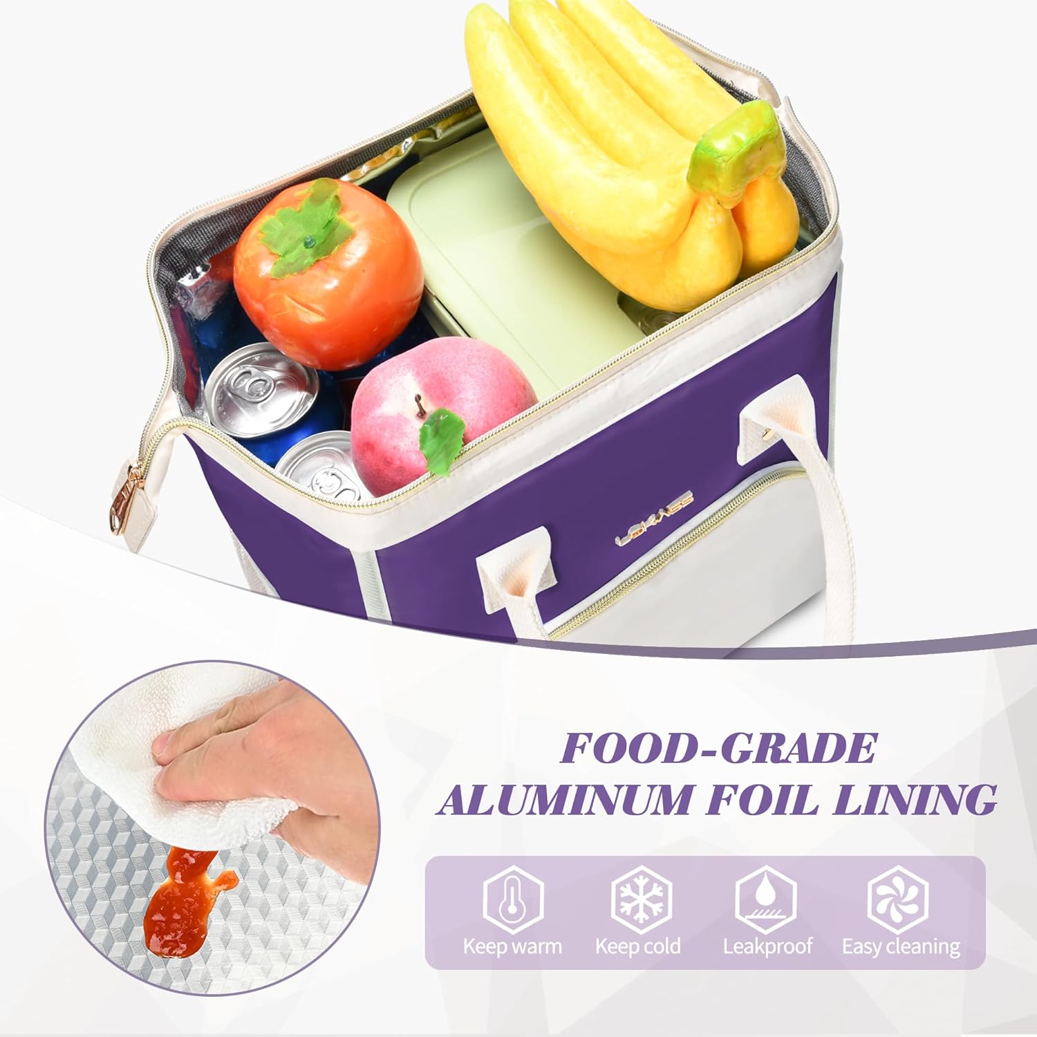 LOKASS Lonchera aislada con apertura amplia, soporte grande para bebidas, organizador de aperitivos de nailon duradero con correa de hombro