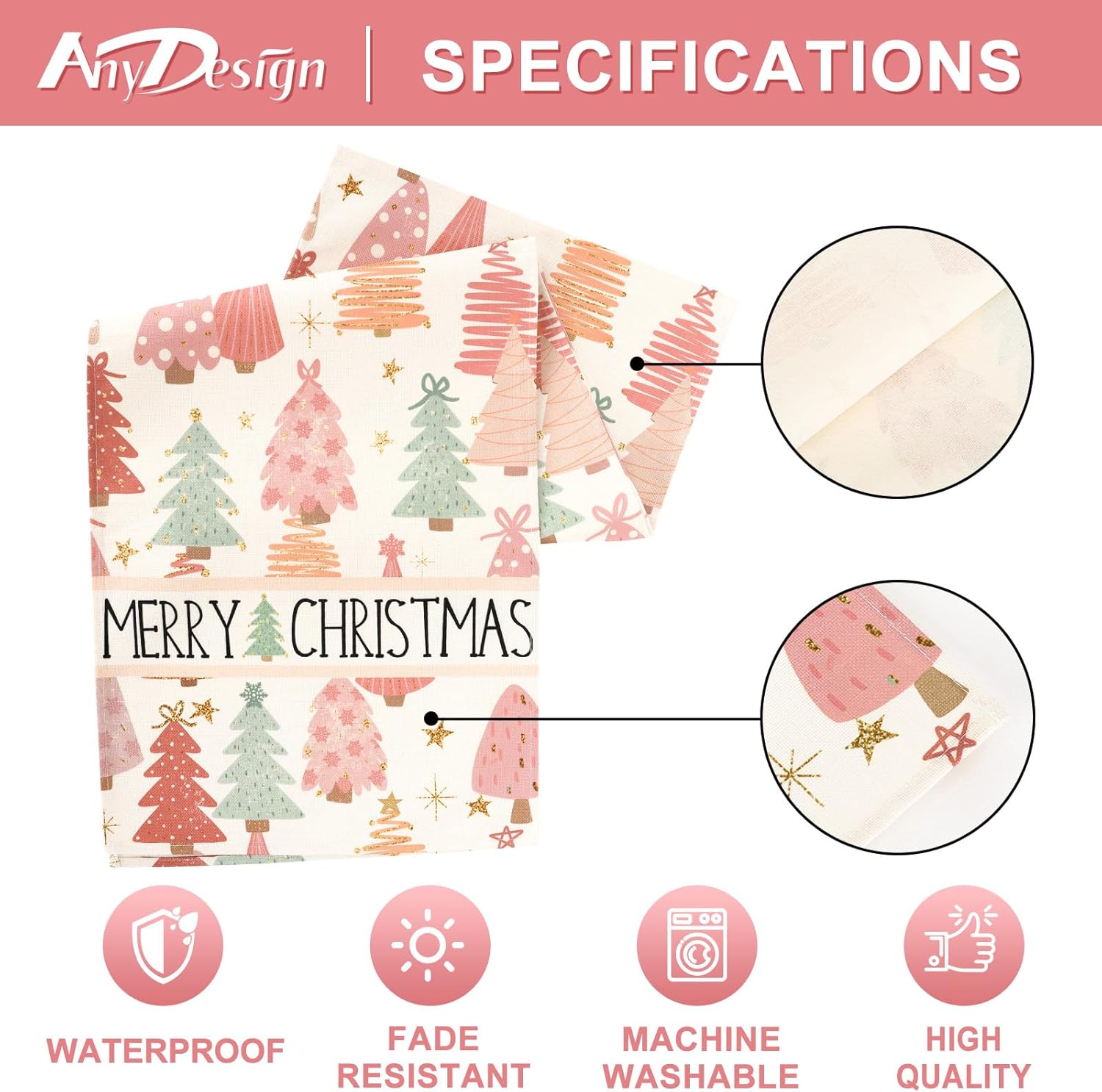 AnyDesign – Camino de mesa bohemio con texto en inglés “Merry Christmas” para decoración de árbol de Navidad, mantel impermeable para suministros de