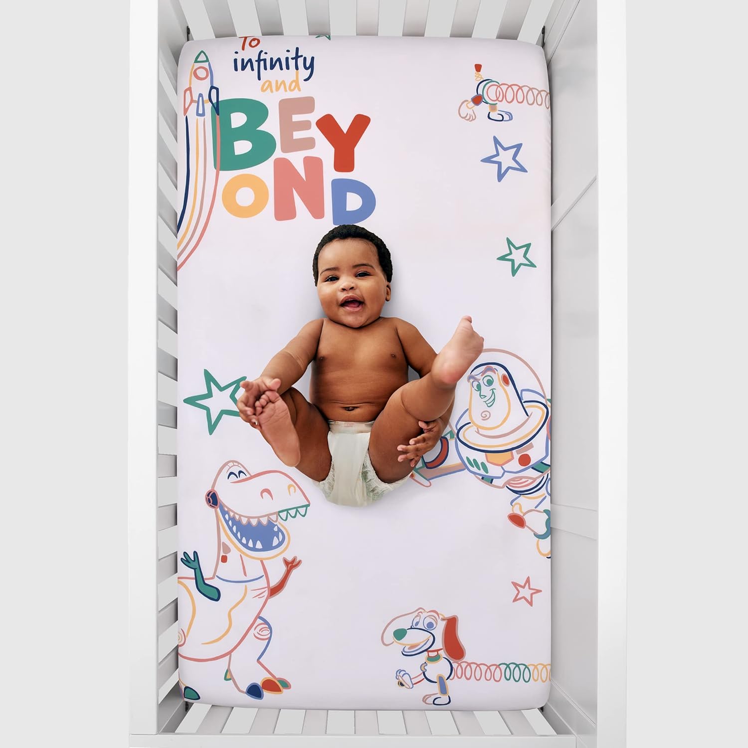 Disney Toy Story – Sábana bajera ajustable para cuna, color verde, rojo, azul y blanco a infinito y más allá