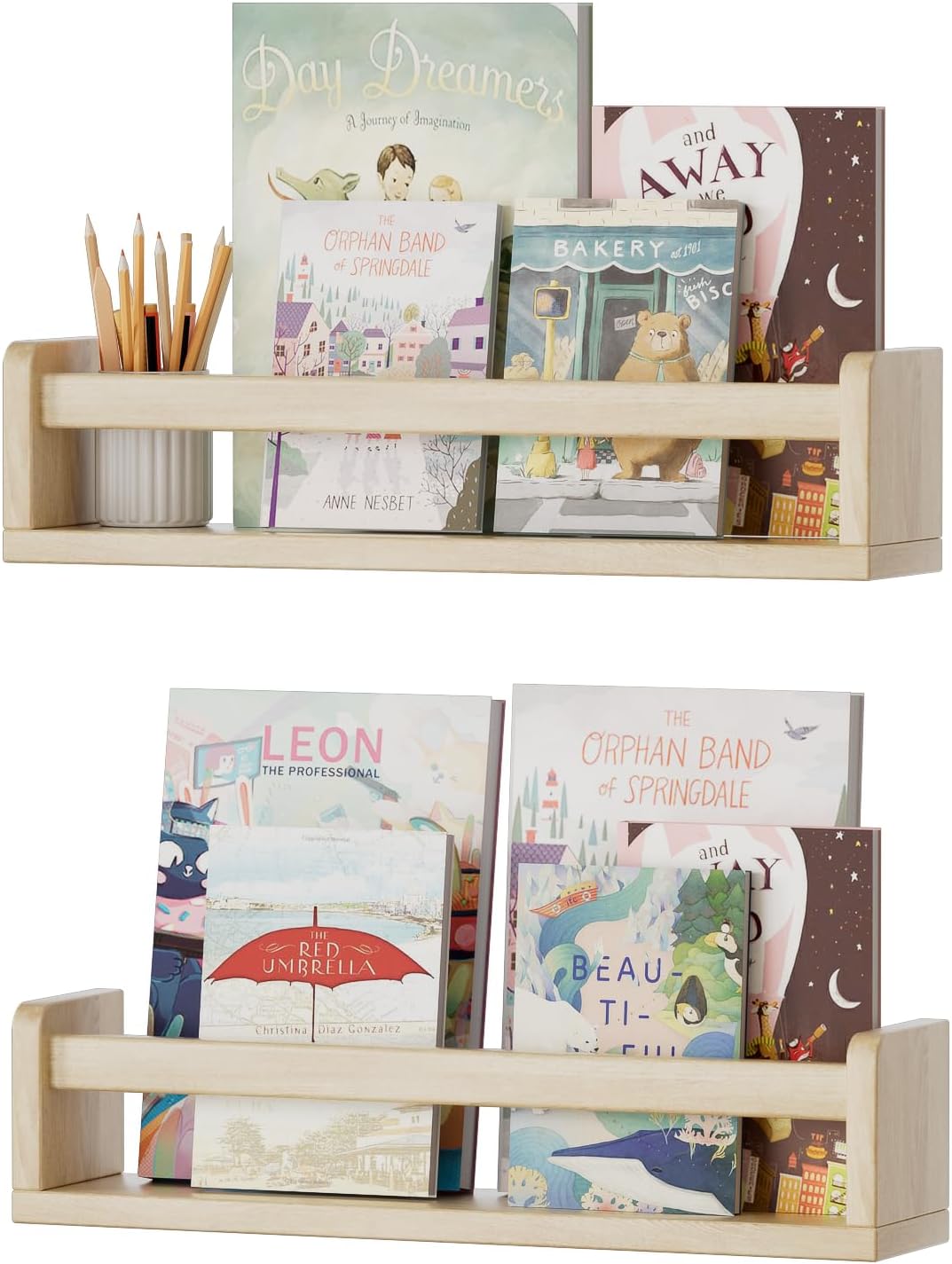 QimCoor Juego de 2 estantes flotantes para libros de guardería, estantería de pared de 16.5 pulgadas para niños, estantería de madera maciza natural