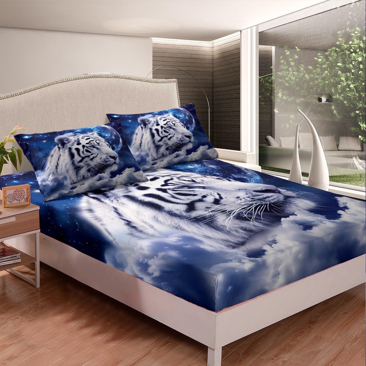 Juego de ropa de cama tamaño individual, diseño de tigre blanco galaxia, sábanas con estampado de animales salvajes, nebulosas bohemias, estrellas y