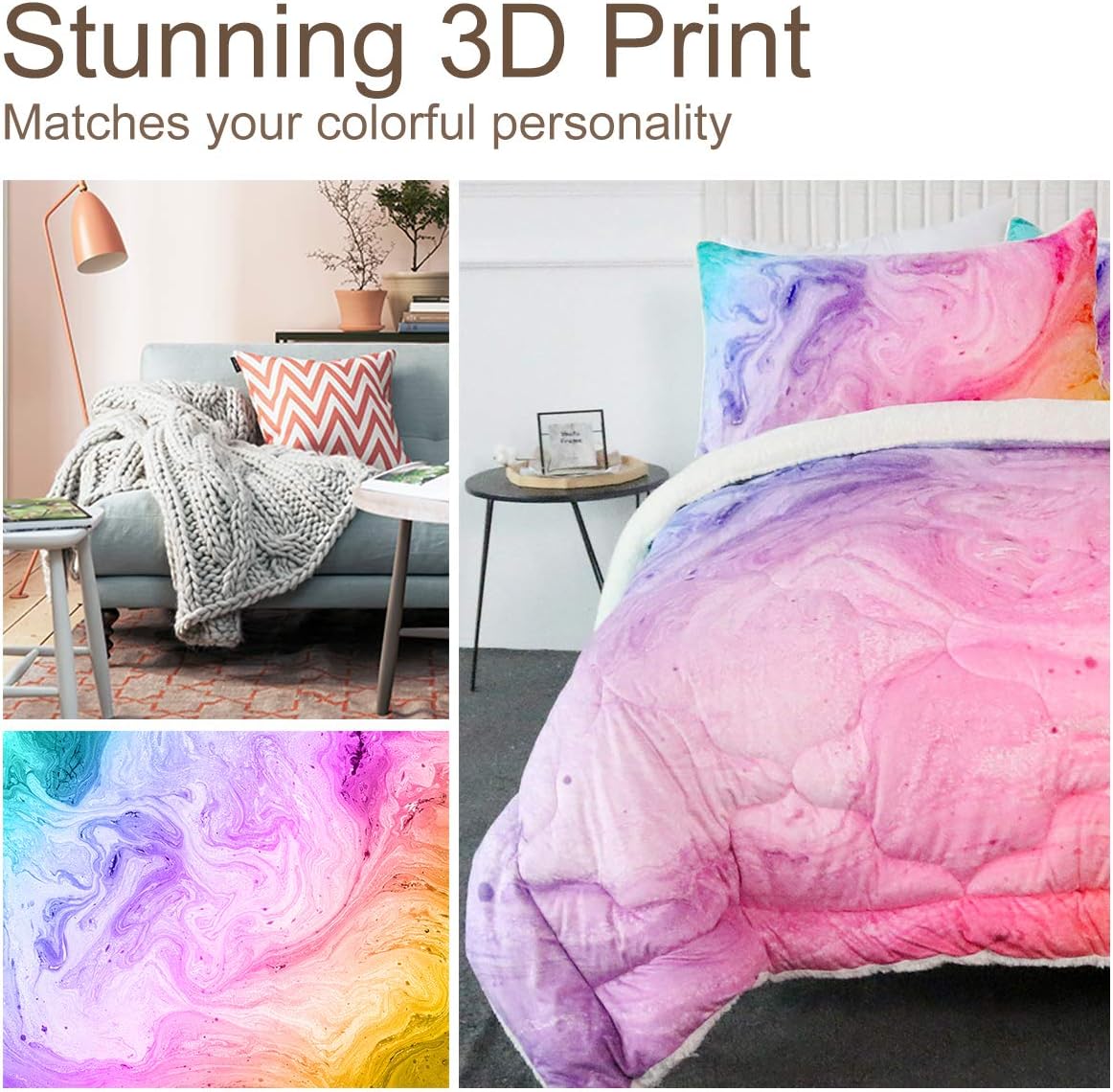 Juego de cama de edredón de microvisón ultrasuave para cama  3D liviana, difusa  Colorido, relleno de poliéster con 2 fundas de almohada
