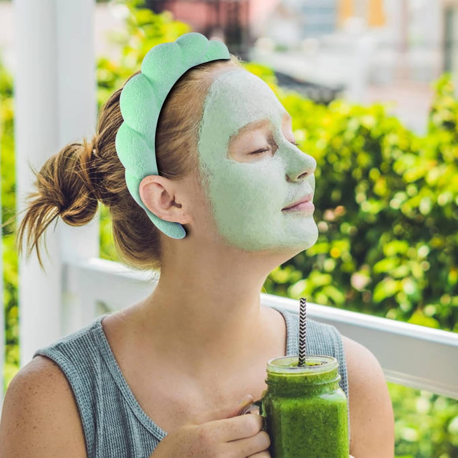 Diadema de esponja de spa para mujer, diadema de maquillaje verde y banda de lavado de muñeca para lavado de cara, cuidado de la piel, ducha,