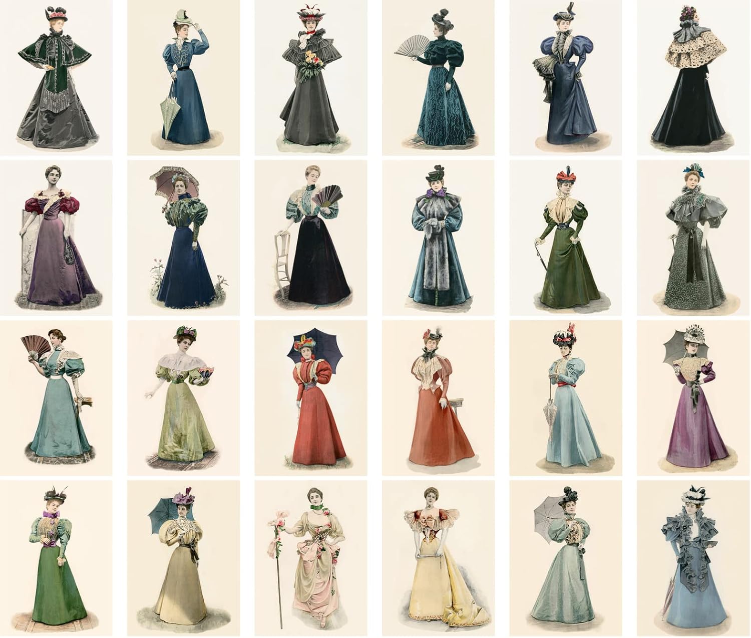 Calcomanías grandes (24 piezas de 2.5 x 3.5 pulgadas cada una) magníficos retratos completos de mujeres en vestidos, postales vintage, tarjetas de