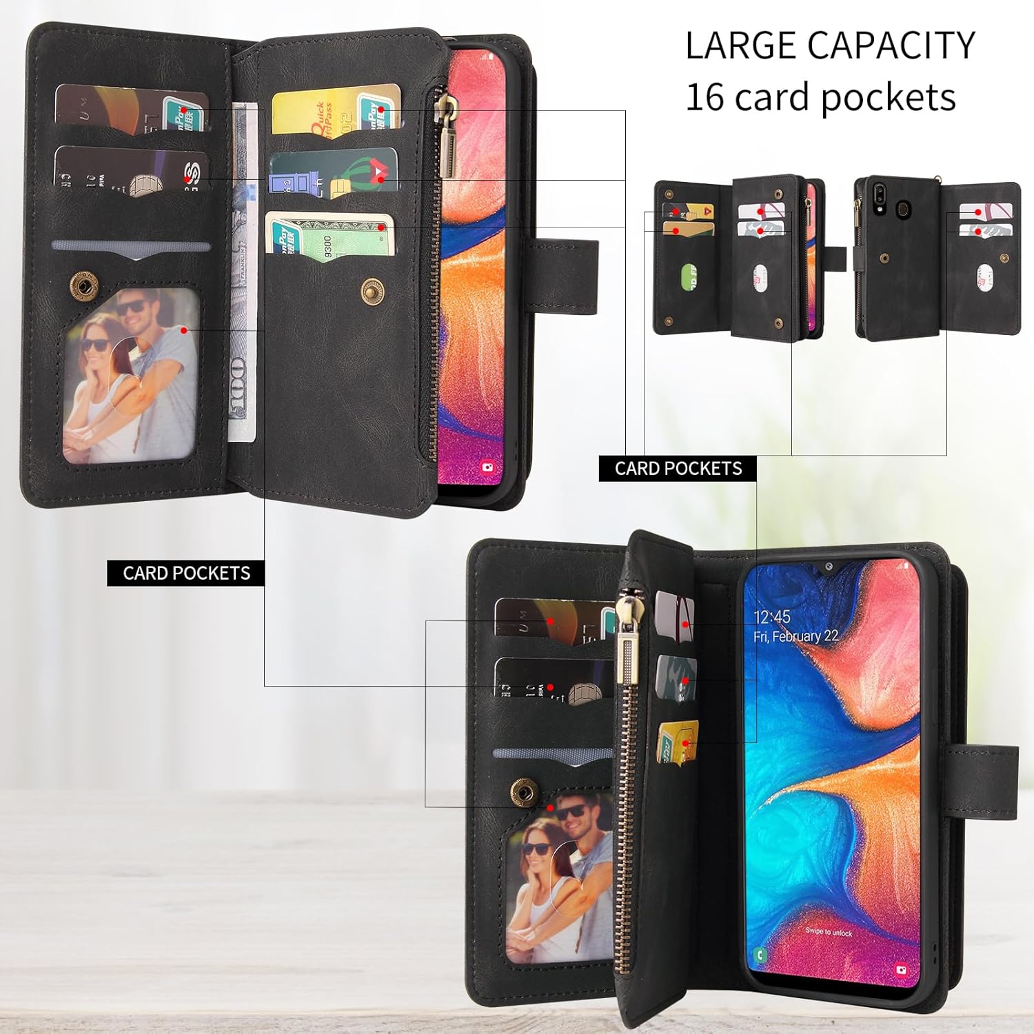 Asuwish Funda de teléfono para Samsung Galaxy A20 A30 con protector de pantalla de vidrio templado y correa de muñeca de cuero con tapa para tarjeta