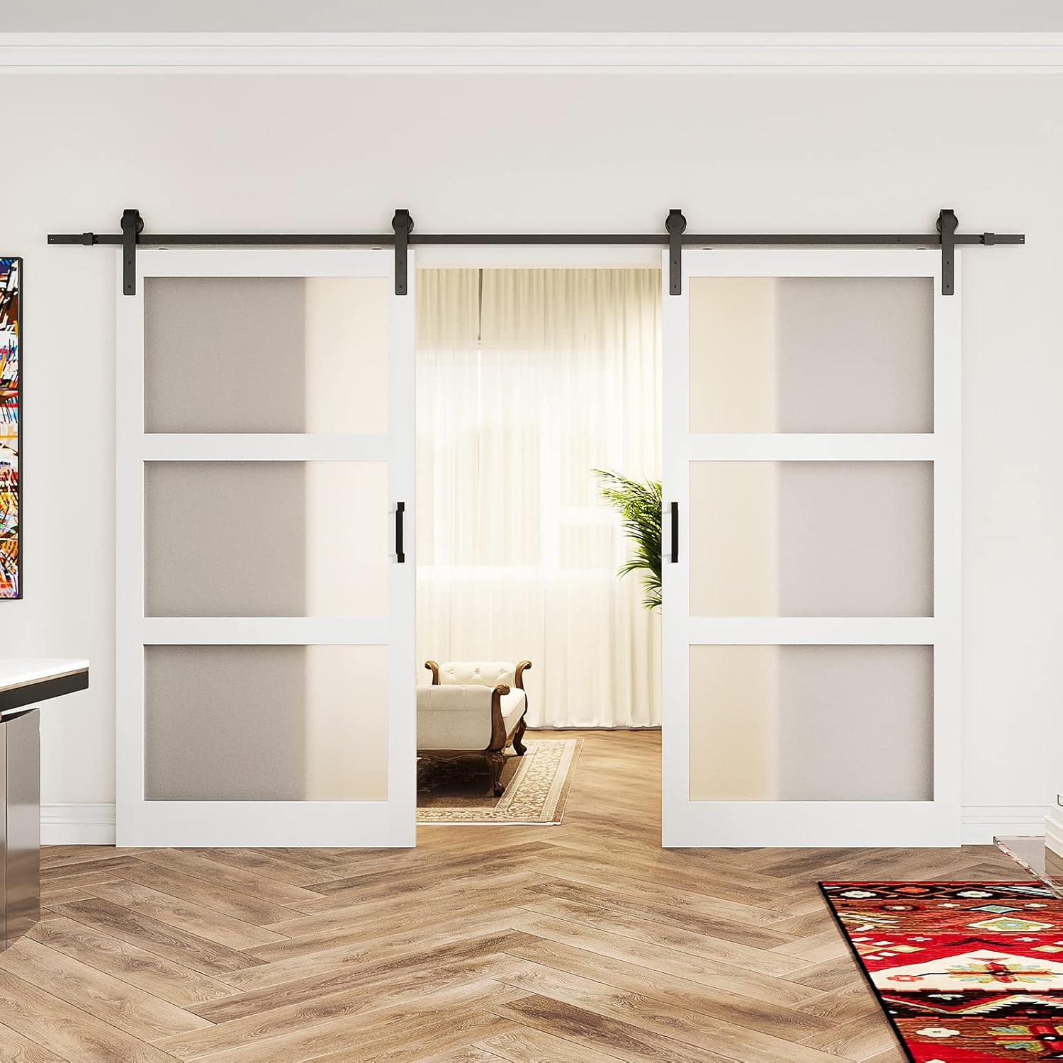 Puerta corredera de granero doble, 84 pulgadas (doble 42 x 84 pulgadas, puerta de granero de vidrio esmerilado, superficie de PVC impermeable, kit