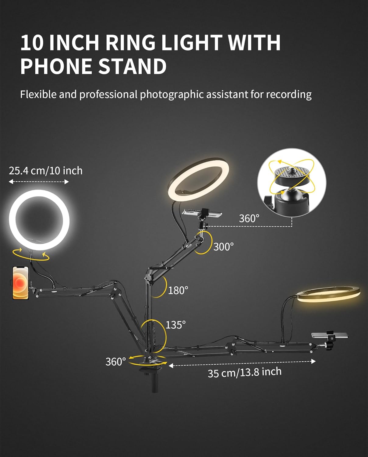 Soporte de teléfono para grabación de video, anillo de luz de escritorio de 10 pulgadas para computadora con soporte de cámara superior, soporte de