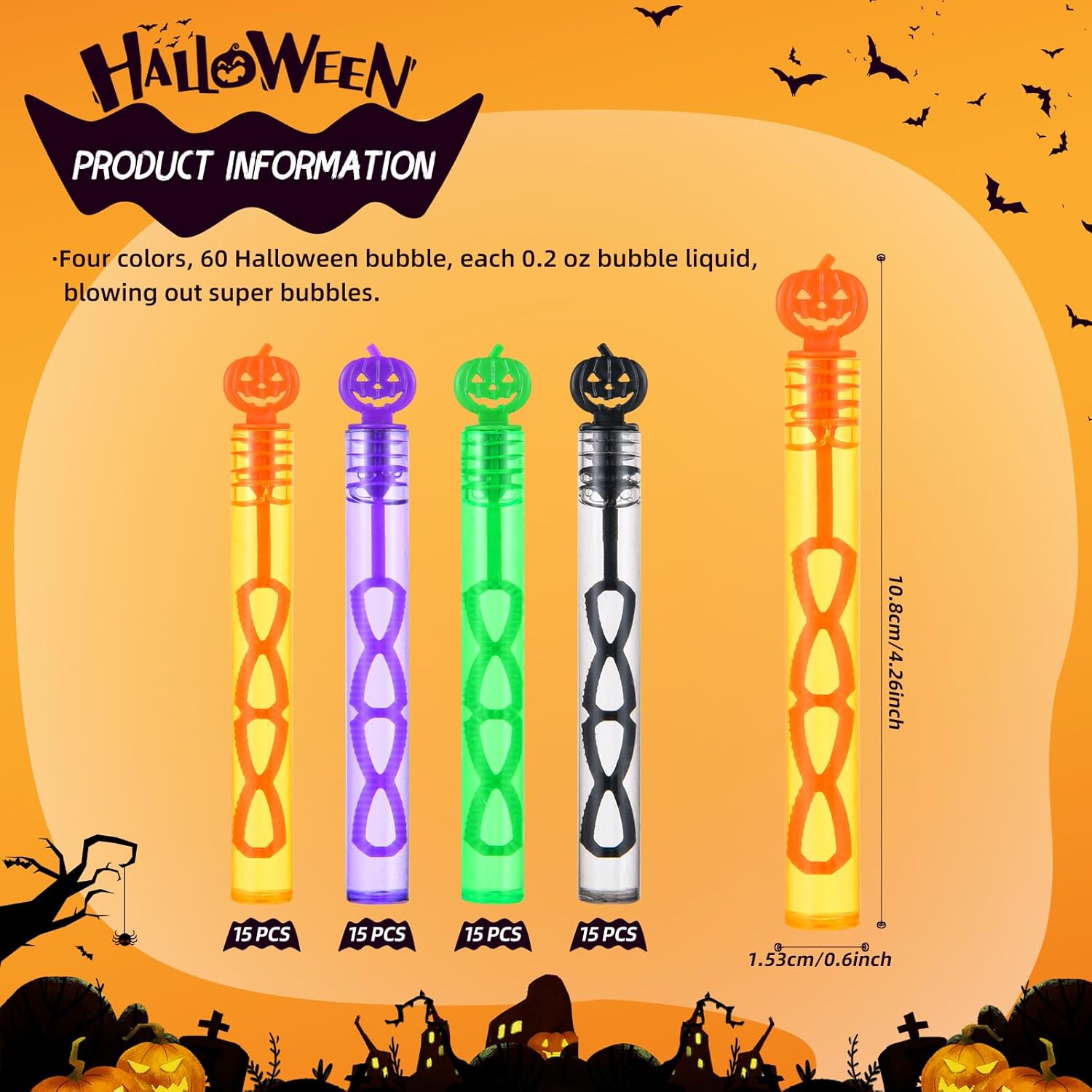 Paquete de 60 varitas de burbujas de Halloween, mini juguetes de burbujas para recuerdos de fiesta de Halloween, suministros novedosos, juguetes de