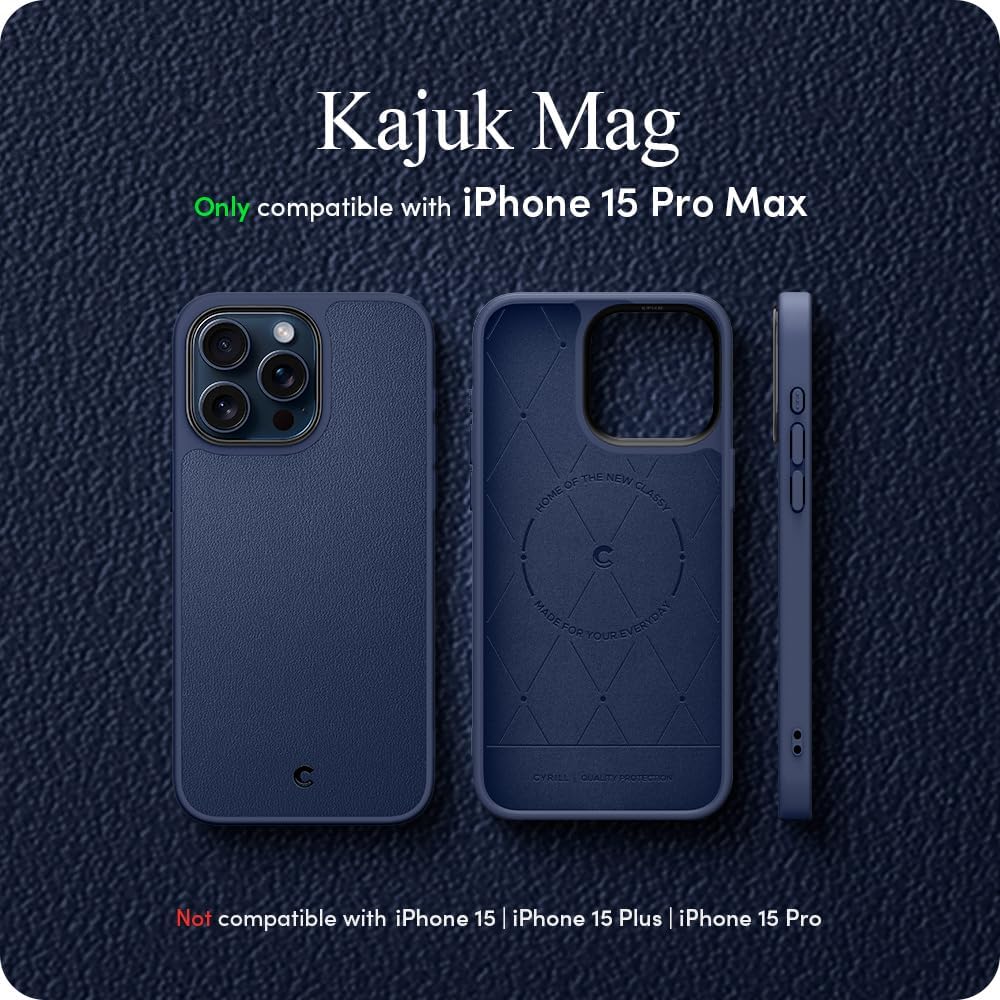 CYRILL Kajuk Mag – Funda de cuero compatible con iPhone 15 Pro Max (2023), funda de cuero vegano de alta calidad, color azul con forro protector de