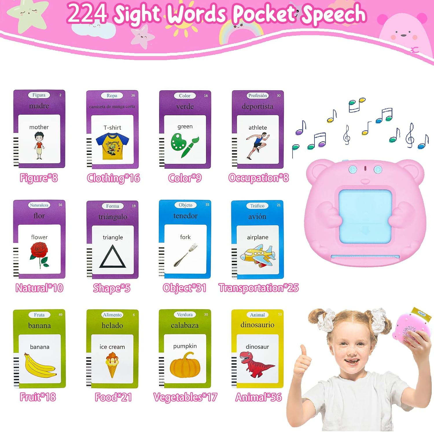 Juguetes para niños pequeños, tarjetas didácticas en español, 224 palabras visuales, juguetes de terapia del habla de bolsillo, tarjetas flash