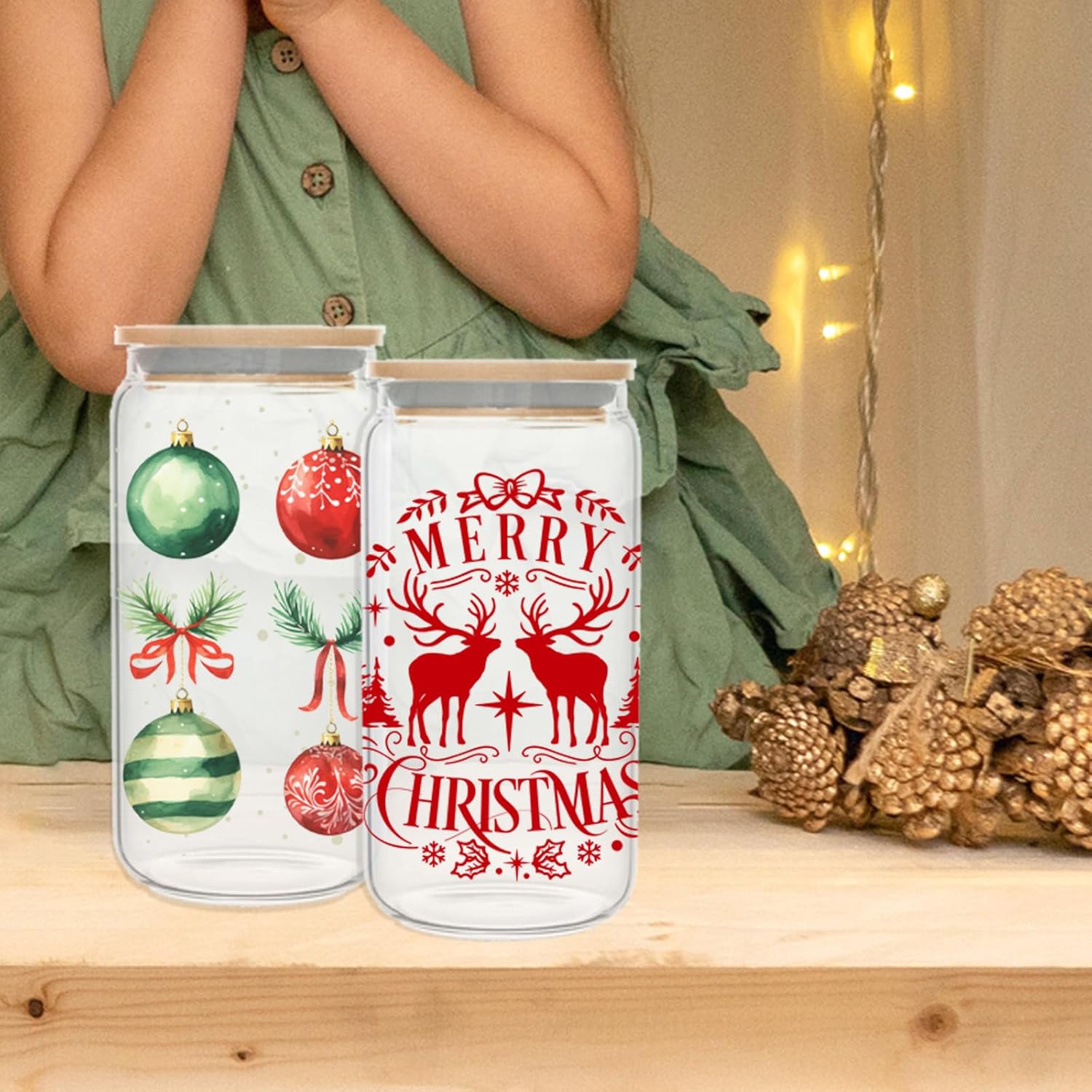 Envoltura de copa de Navidad UV DTF  Árbol de Navidad de pan de jengibre de Papá Noel impreso 16oz Libbey Glass Cup Wrap, listo para aplicar,