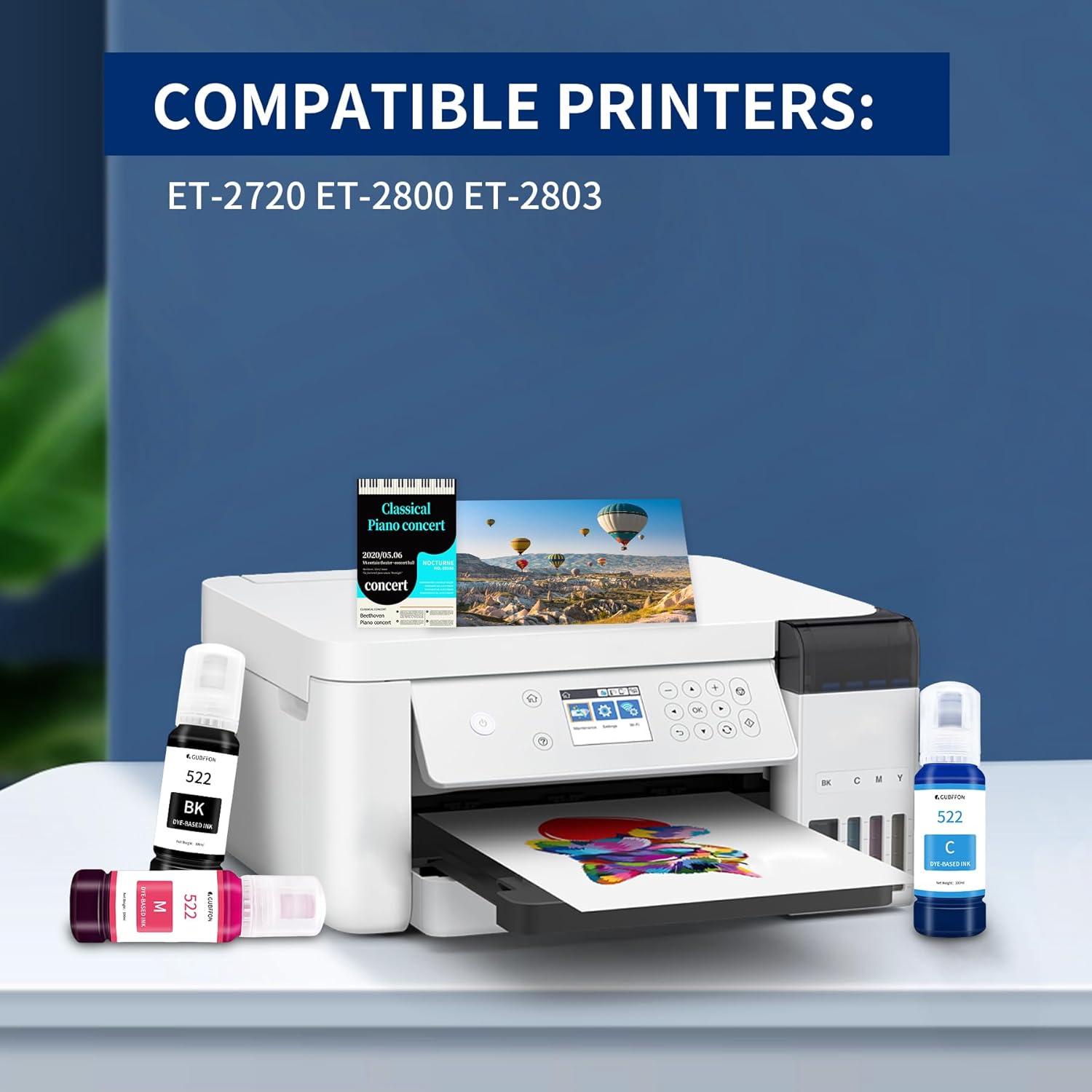 GUBFFON Tinta 522 de 20.3 fl oz para impresora Epson EcoTank ET-2720 ET-2800 ET-2803 ET-2840, ET-4700, ET-4800, ET-4810, T522 Líquido de repuesto de