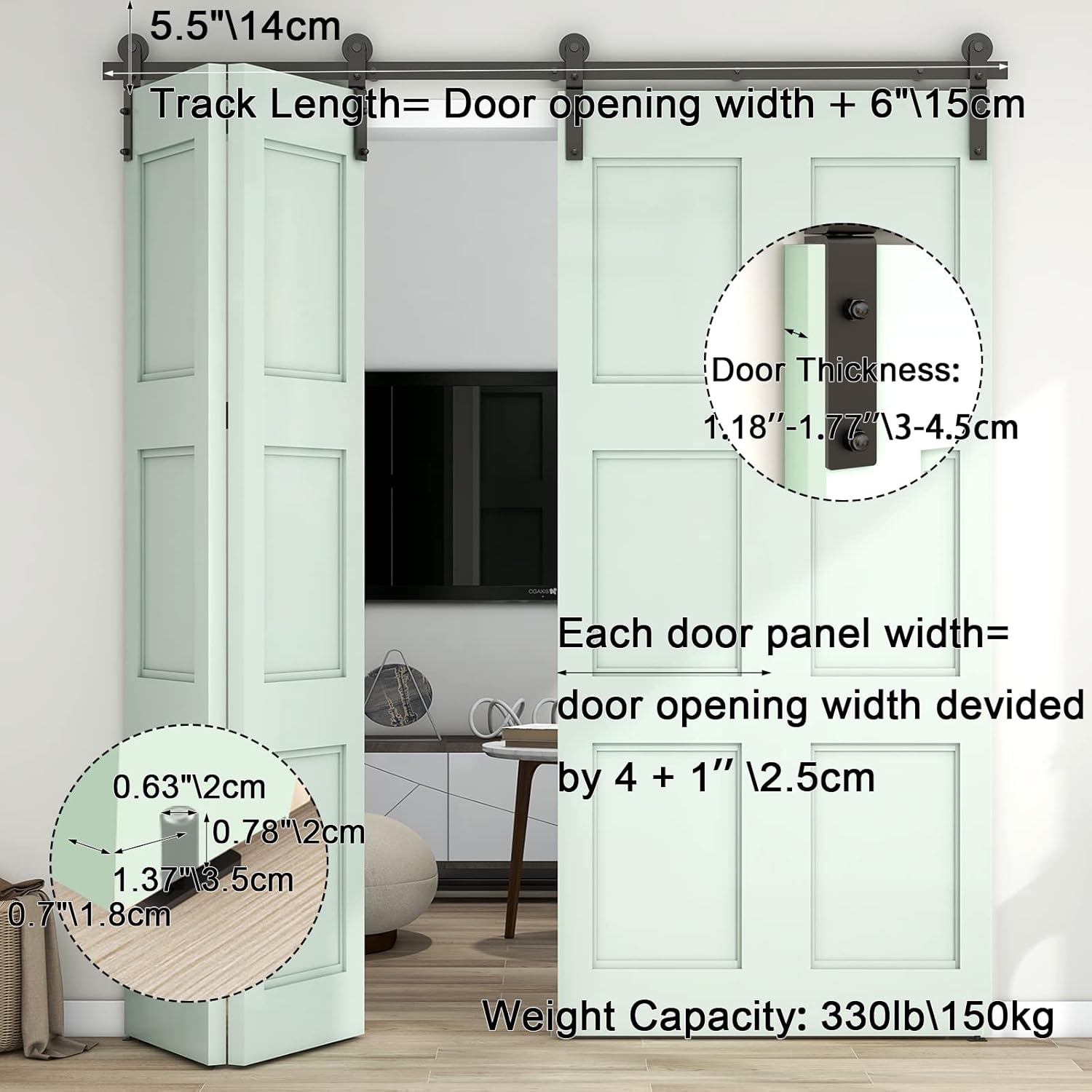 Kit de riel deslizante para puerta de granero biplegable de 6.6 pies79 pulgadas para 4 puertas de acero al carbono resistente (solo kit de hardware,