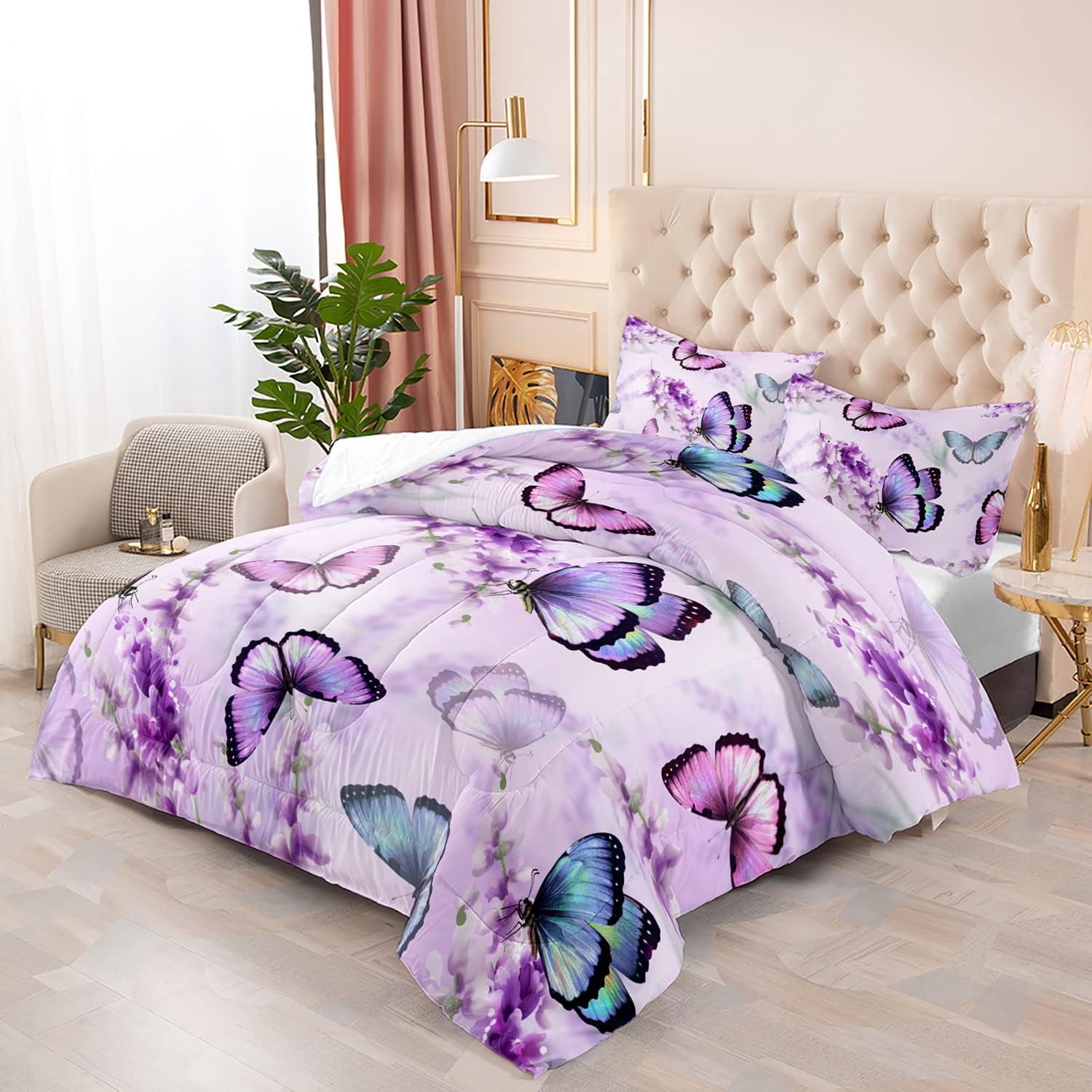Juego de edredón de mariposa lavanda para niñas y adultos, juego de ropa de cama con patrón de mariposa colorido, juego de cama de mariposas