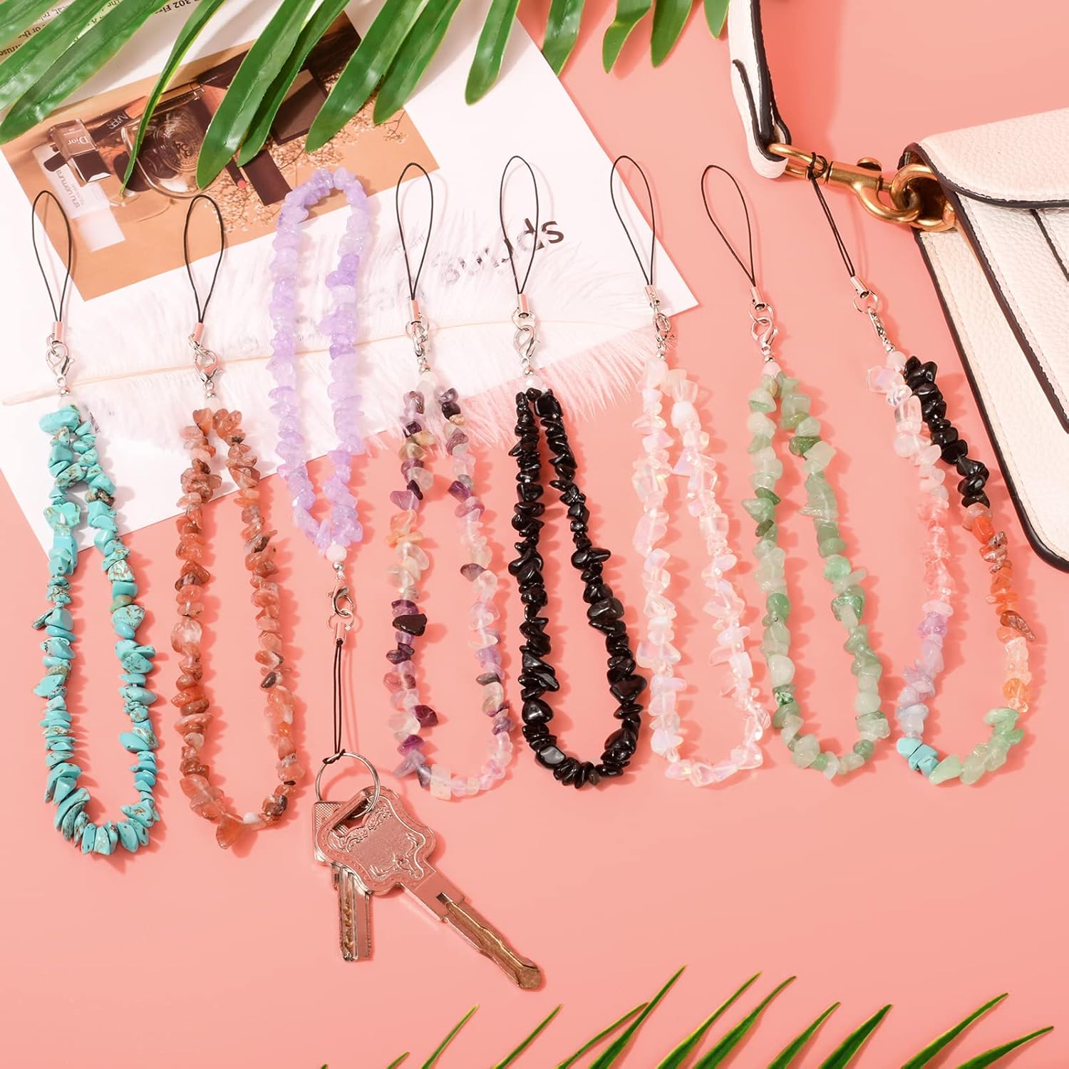 BEACE Dijes para teléfonocorrea de cadena para mujeres y niñas, funda para teléfono celular, correa de muñeca, dijes de piedras preciosas naturales