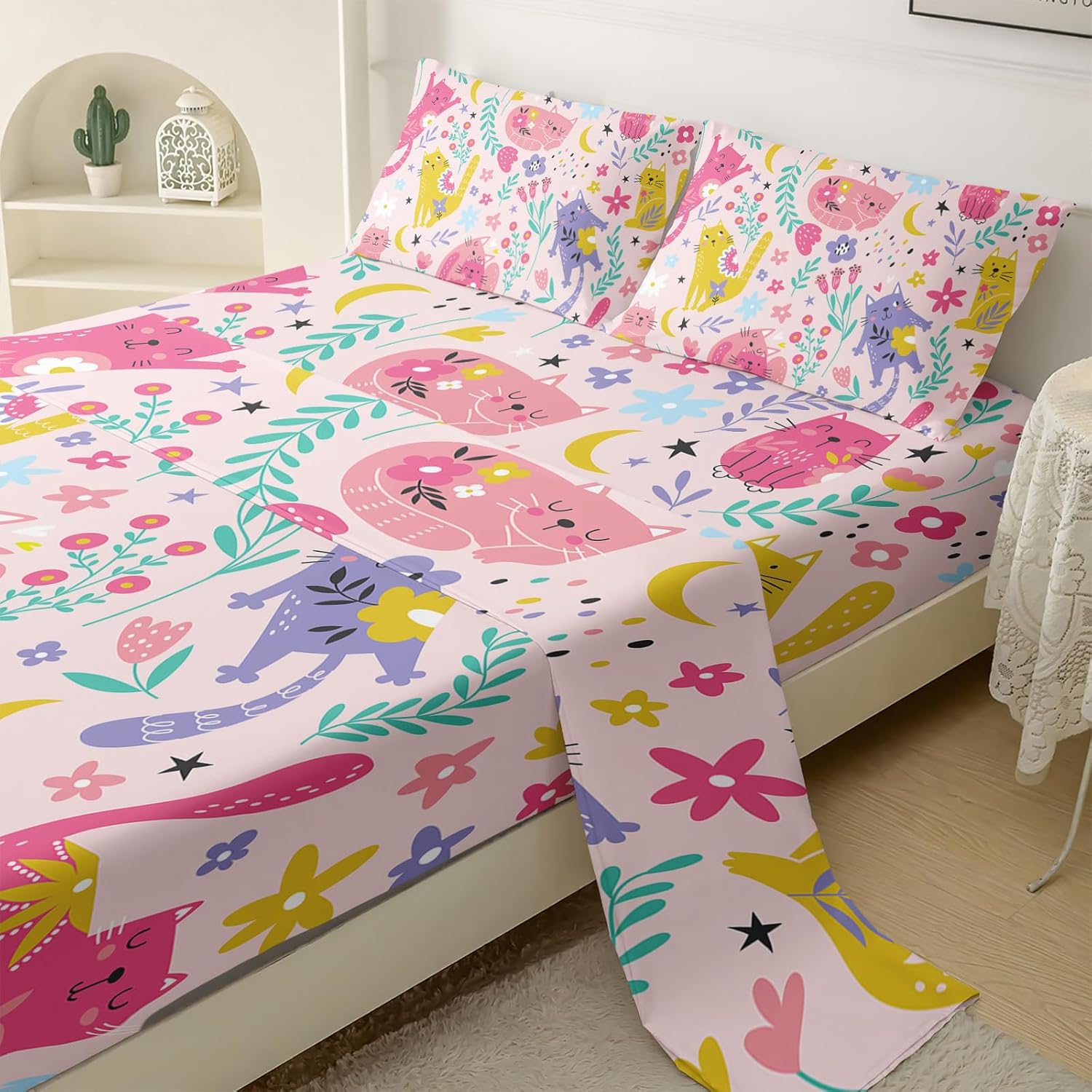 QOOMO Juego de sábanas con diseño floral de gatos kawaii, con bolsillo profundo de 16 pulgadas de profundidad para niños, niñas, niños y