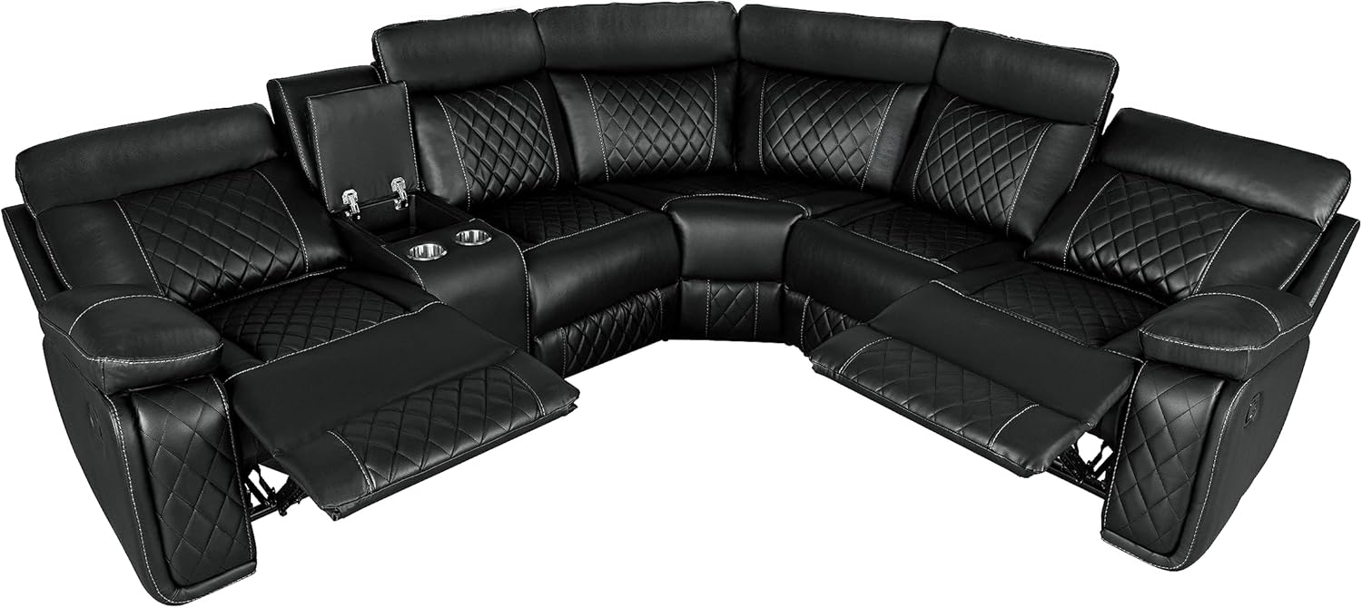 Juego de sofá seccional simétrico de PU, moderno, almacenamiento oculto, sofá esquinero reclinable manual con consola central y portavasos para sala
