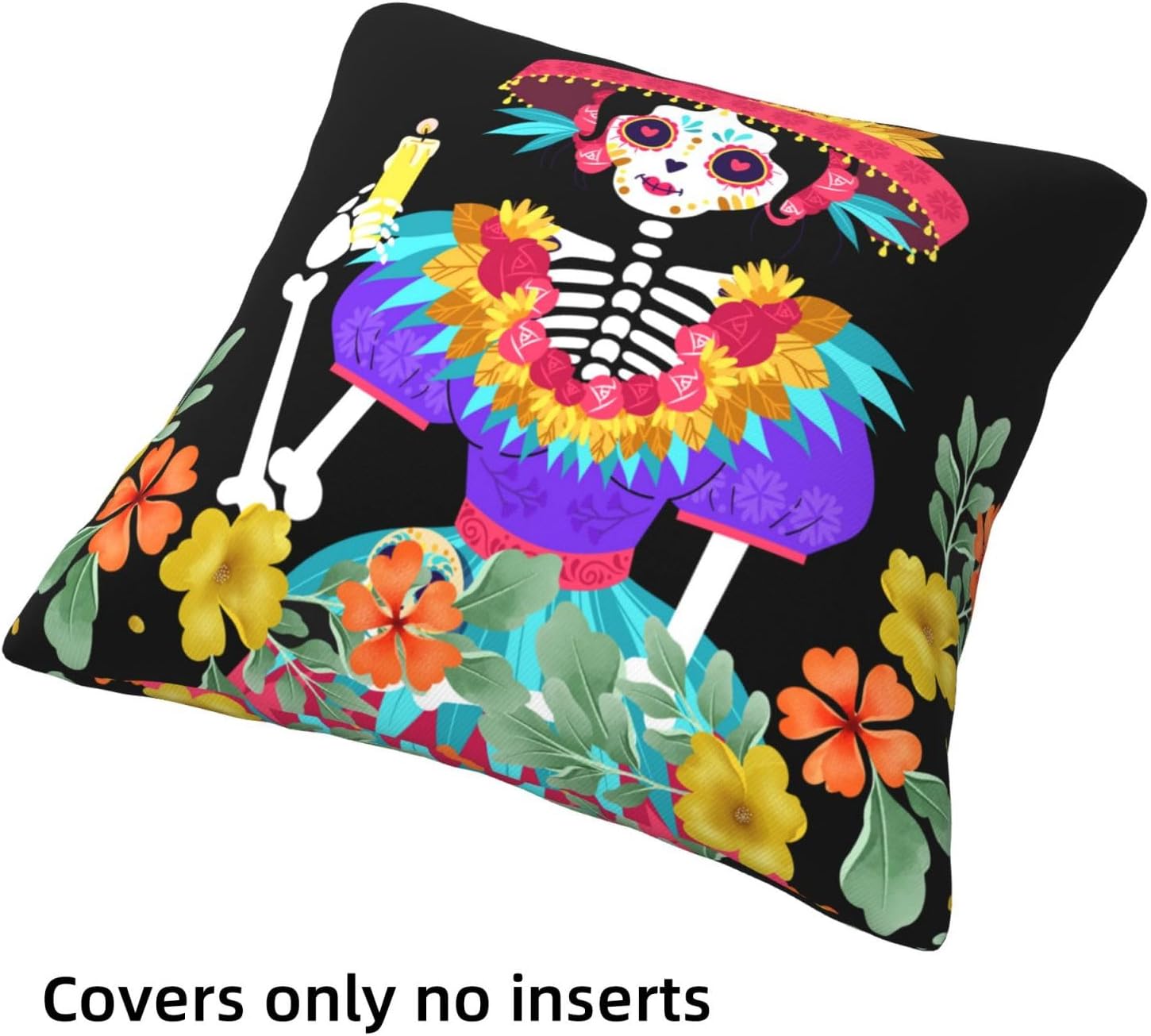 4 fundas de almohada mexicanas del Día de los Muertos, fundas de almohada con diseño de acuarela floral de calavera de azúcar, funda de cojín