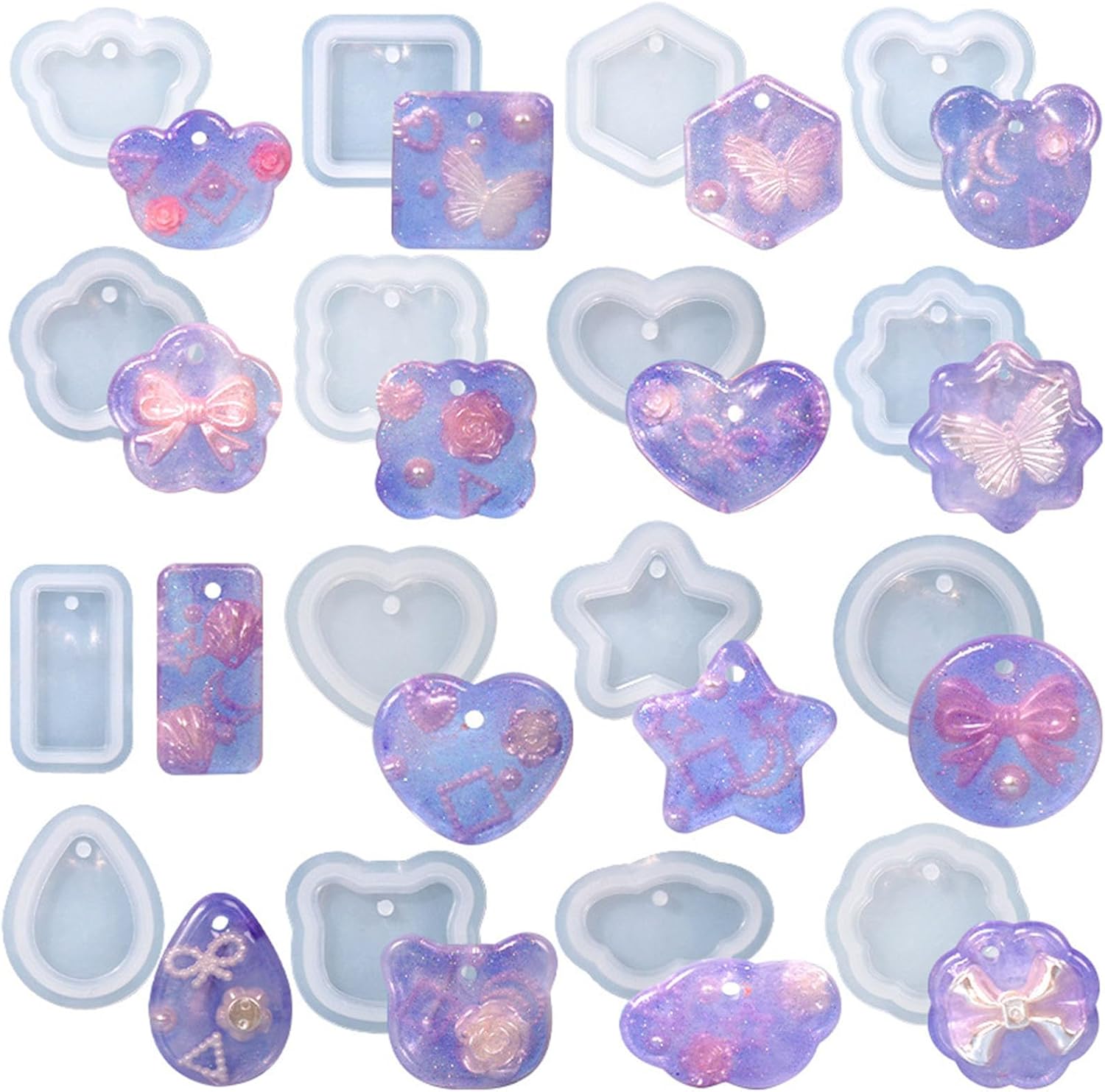 BEMINH Moldes de silicona para colgantes, 16 piezas, variedad de moldes geométricos con agujero para colgar, molde de resina UV para joyería, moldes