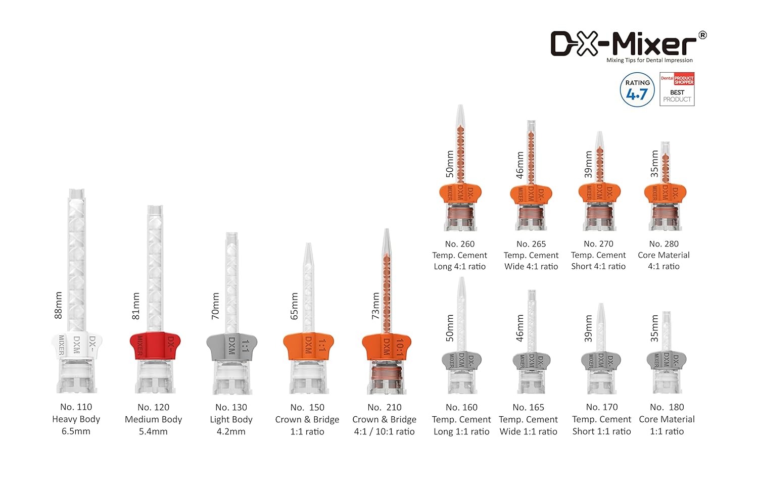 48 puntas de mezcla de impresión dental DX-Mixer de alas de colores (temperatura. Cem. Largo)