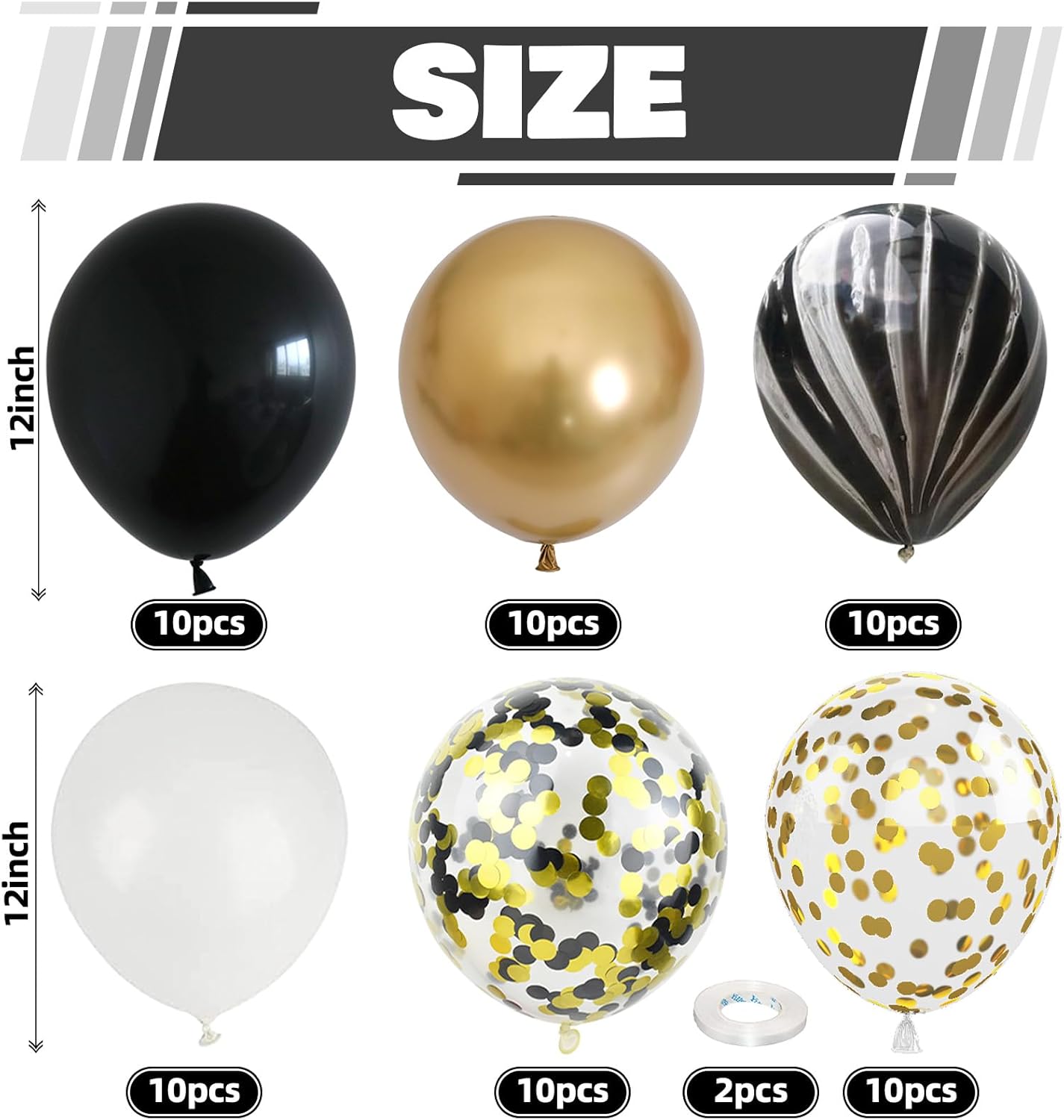 Globos negros y dorados, 60 paquetes de globos de mármol de ágata negra y blanca de 12 pulgadas con globos de confeti dorado metálico para hombres y