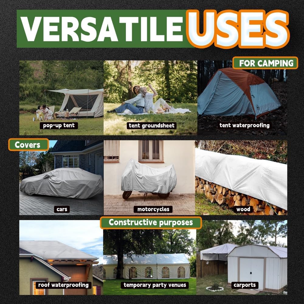 Lona blanca resistente de 12 mil de 12 x 20 pies, resistente a los rayos UV, impermeable, resistente a la intemperie, con ojales de metal y bordes