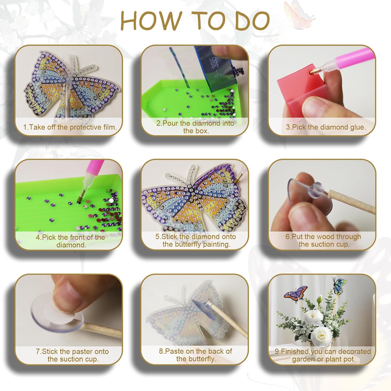 ZORETCO Kit de arte de diamantes de mariposa, 10 piezas de suministros de arte de pintura de diamante, exquisito adorno de mariposa, accesorios de