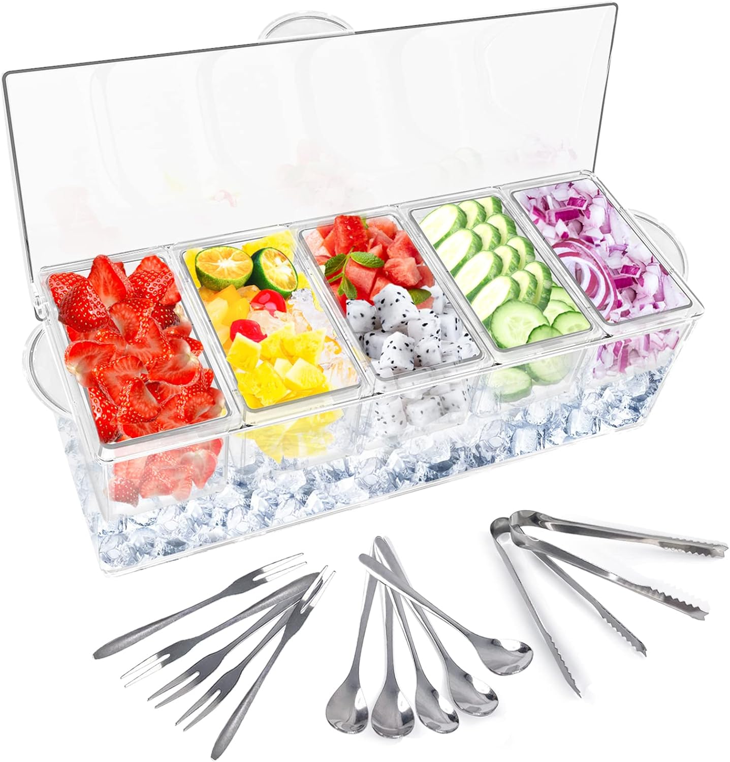5 Compartment Condiment Server, Ice Chilled Condiment Containers with Lid, Clear Condiment Caddy Serving Tray on Ice with 5 Serving Spoons 5 Fruit