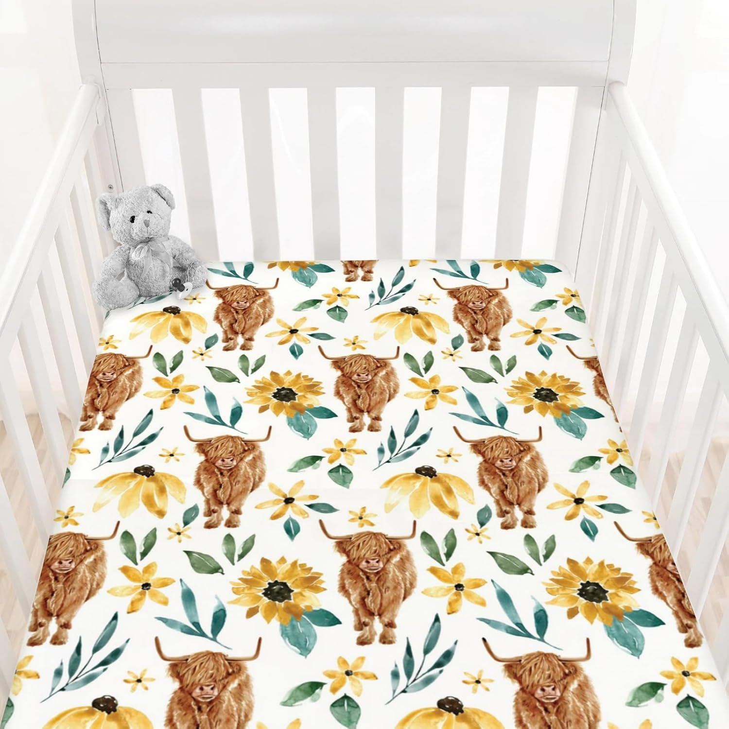 Highland Cow – Sábana bajera estándar para cuna para bebé, diseño de flor de yak de animales de granja occidental, suave y elástica, decoración