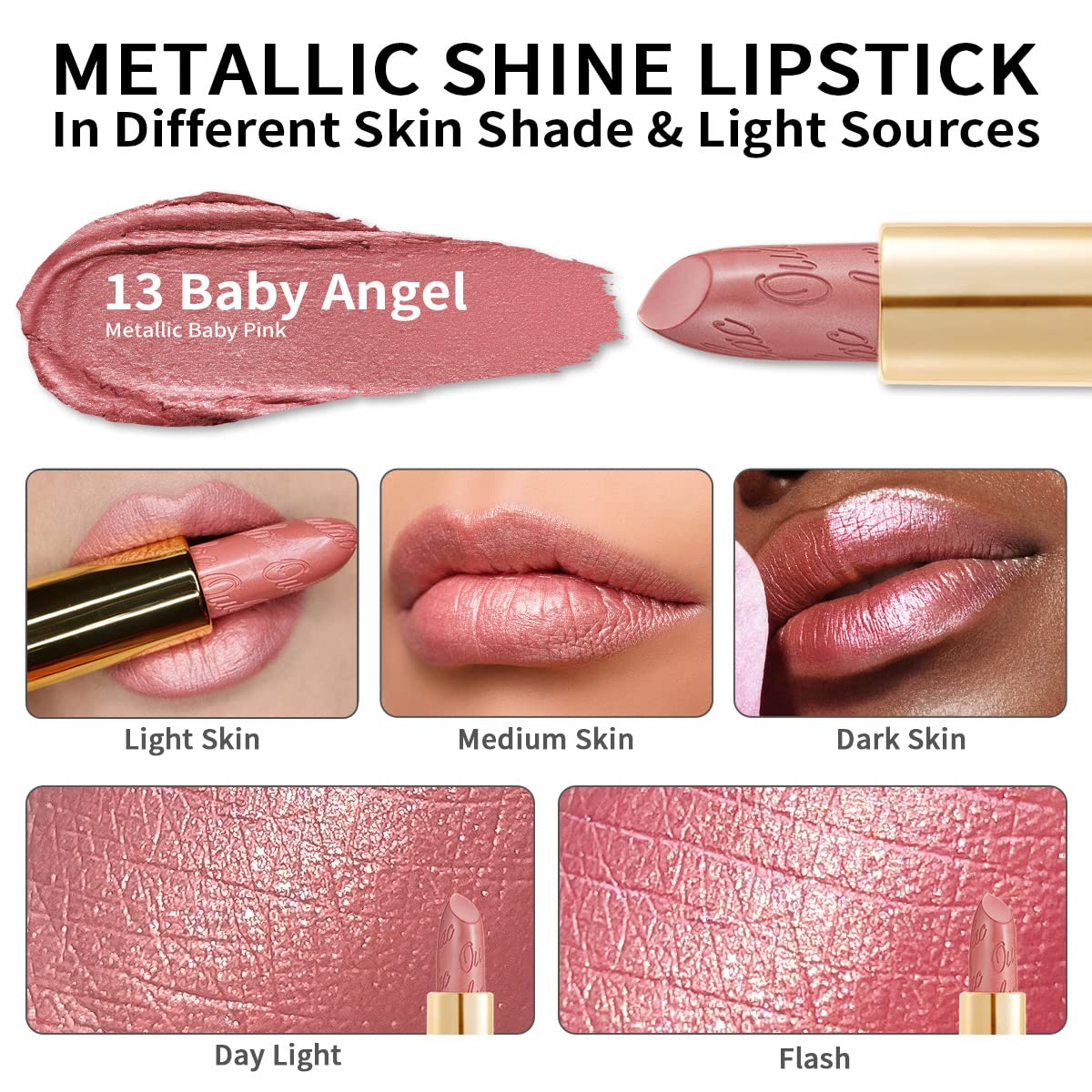 Oulac Lápiz labial rosa claro para mujer con brillo metálico 3D fórmula hidratante ligera, color de labios de alto impacto, belleza vegana y sin