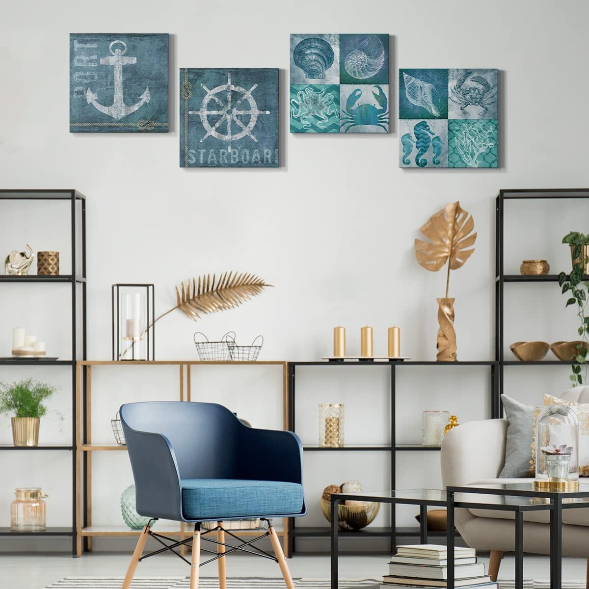 Lienzo decorativo para pared de baño, impresiones náuticas de animales marinos, arte de pared azul marino, 12 x 12 pulgadas, juego de 4 pinturas
